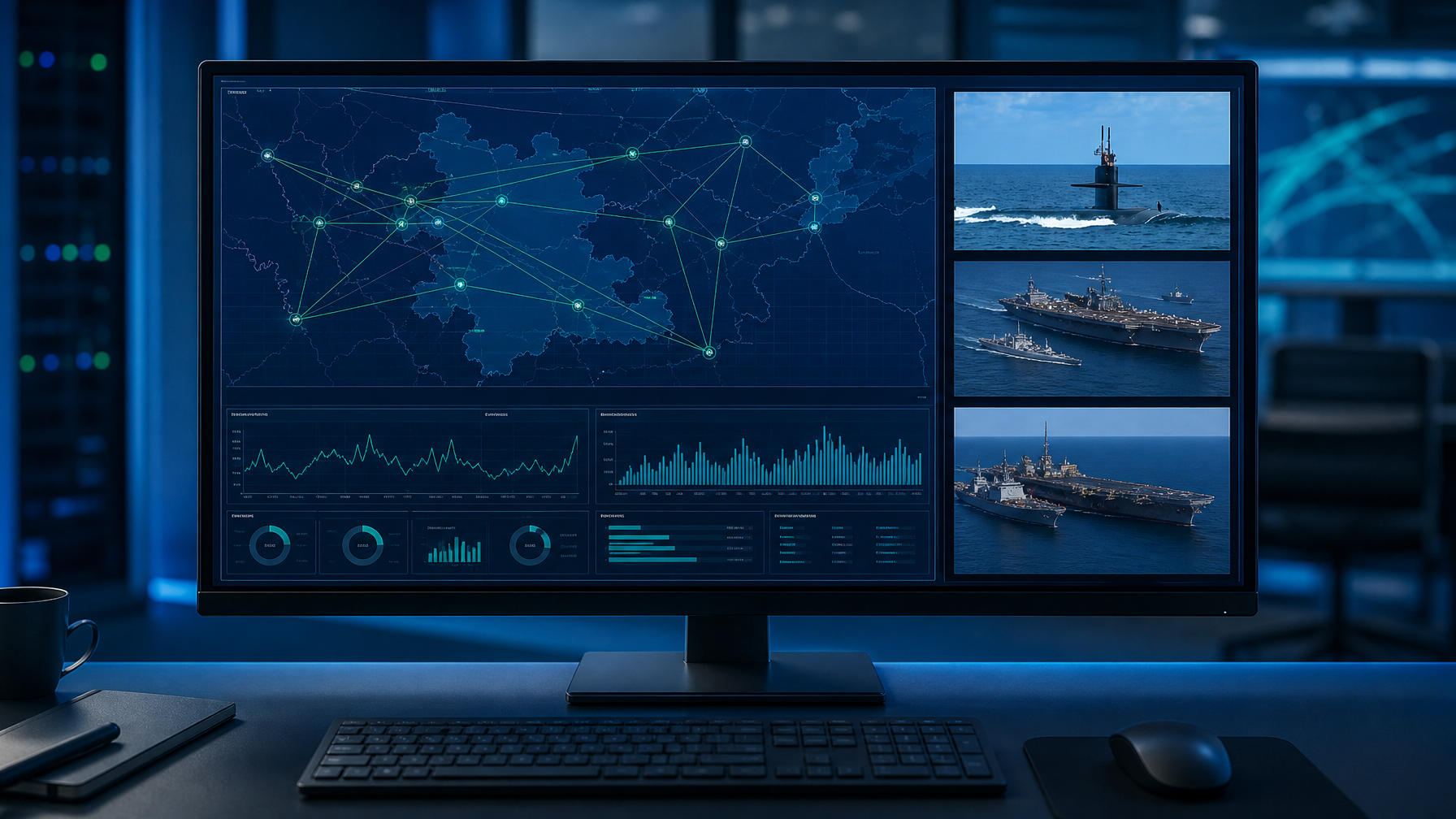NOC operator workstation with a large monitor in PIP mode showing one main dashboard and three small thumbnail video feeds, cool blue lighting