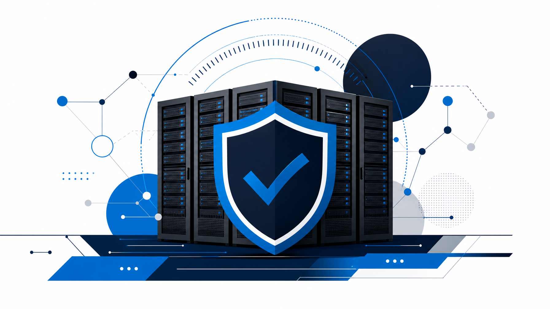 Abstract illustration of a security certification badge over data center hardware, representing NIAP certification and compliance verification