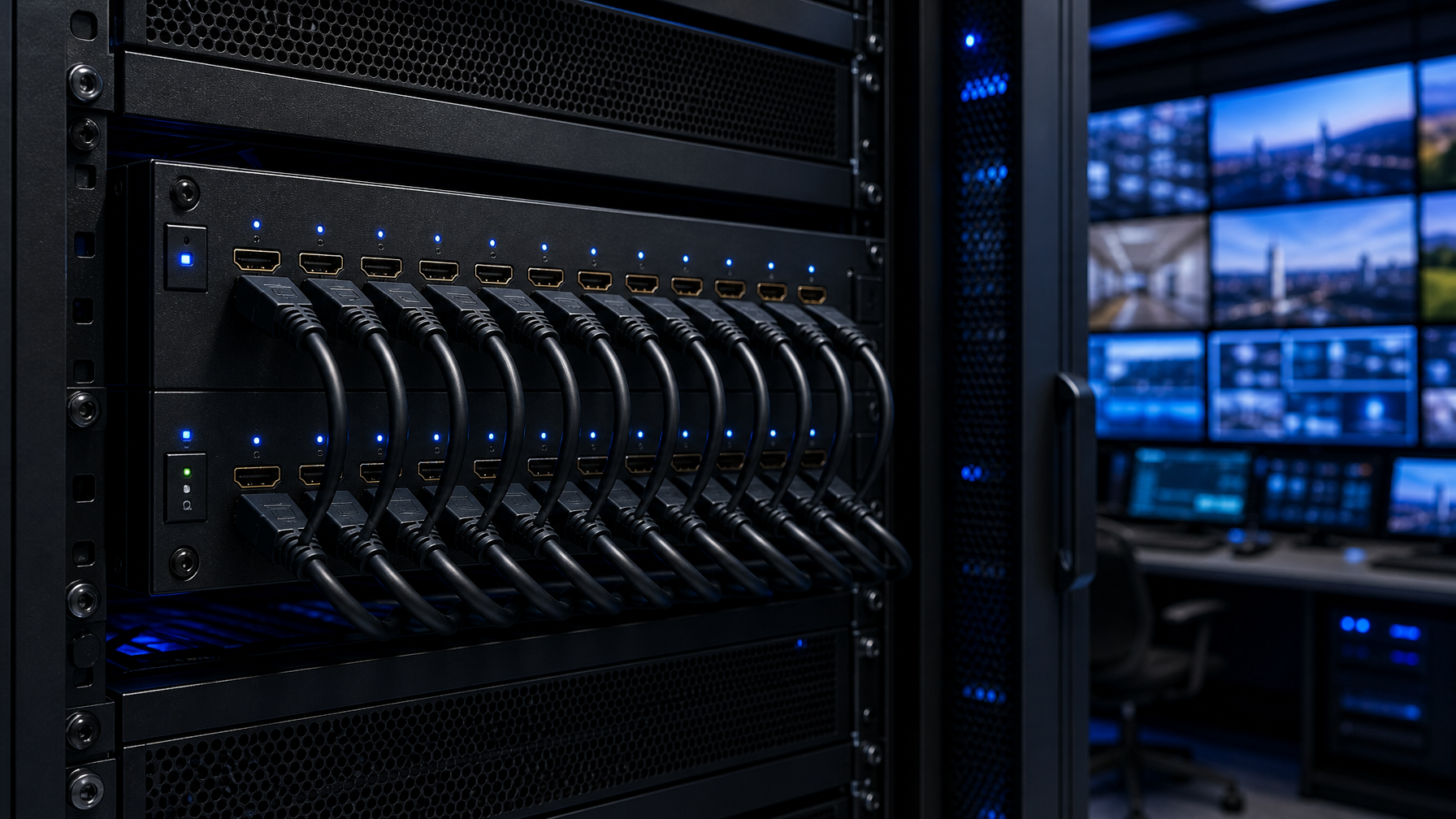 Rackmount HDMI matrix switch with HDMI cables connected in an enterprise server rack