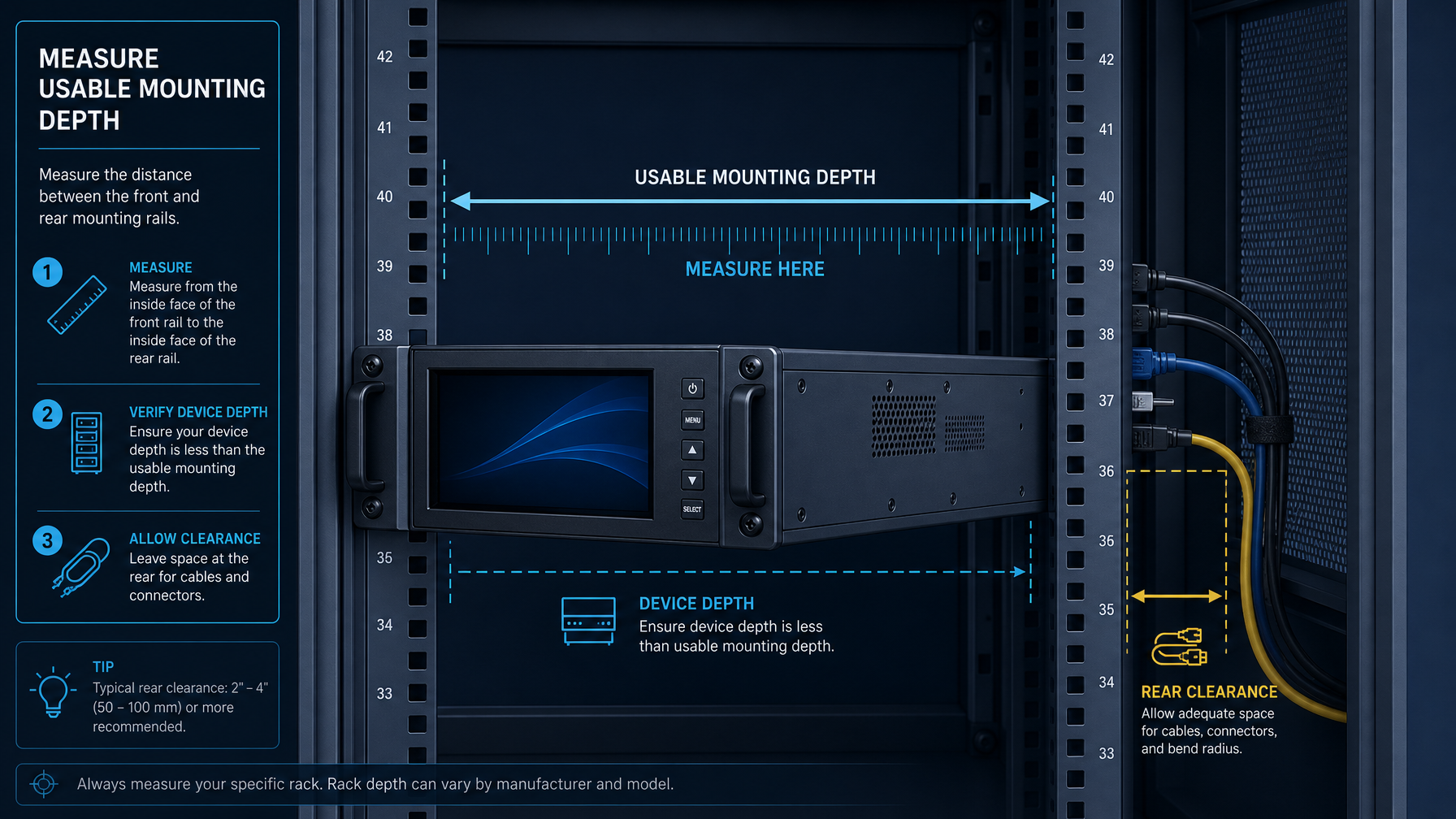 Side cutaway diagram of a 19 inch server rack showing how to measure usable mounting depth between the front and rear rails with clearance for cables