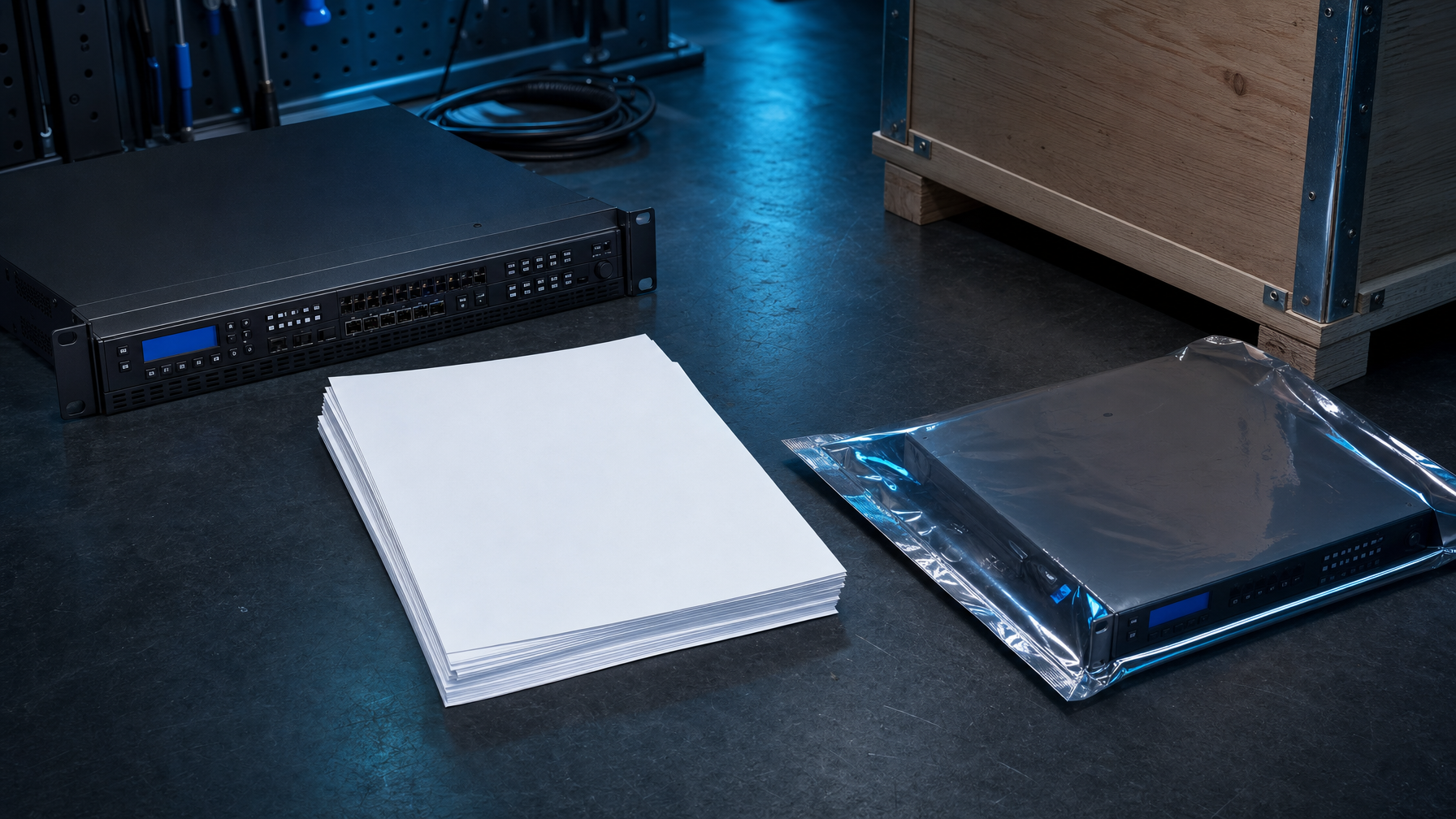 Black KVM chassis, sealed hardware, and blank origin paperwork on a workbench under cyan industrial lighting