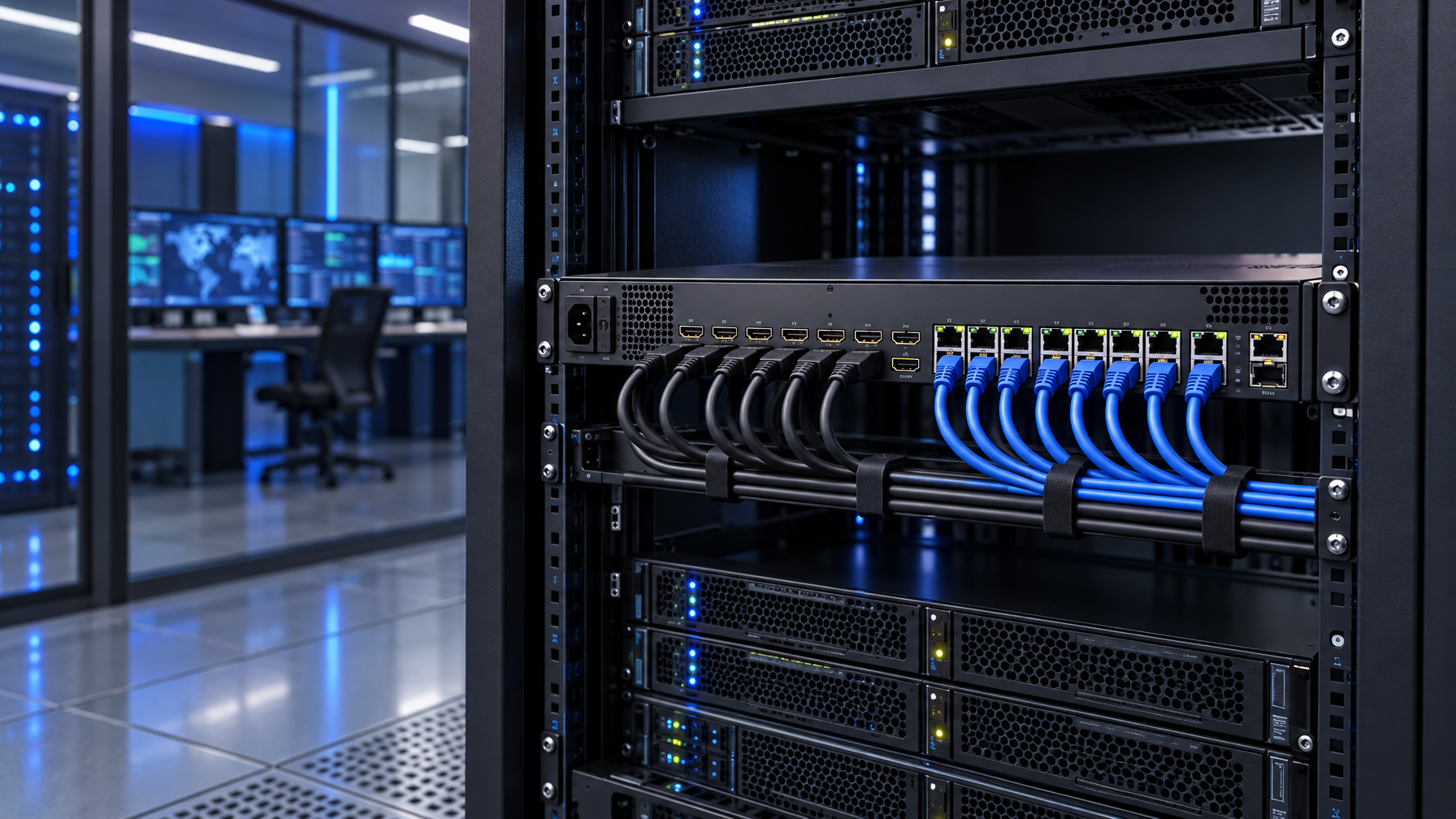 1U HDBaseT matrix chassis in a server rack with HDMI and Cat6 HDBaseT ports