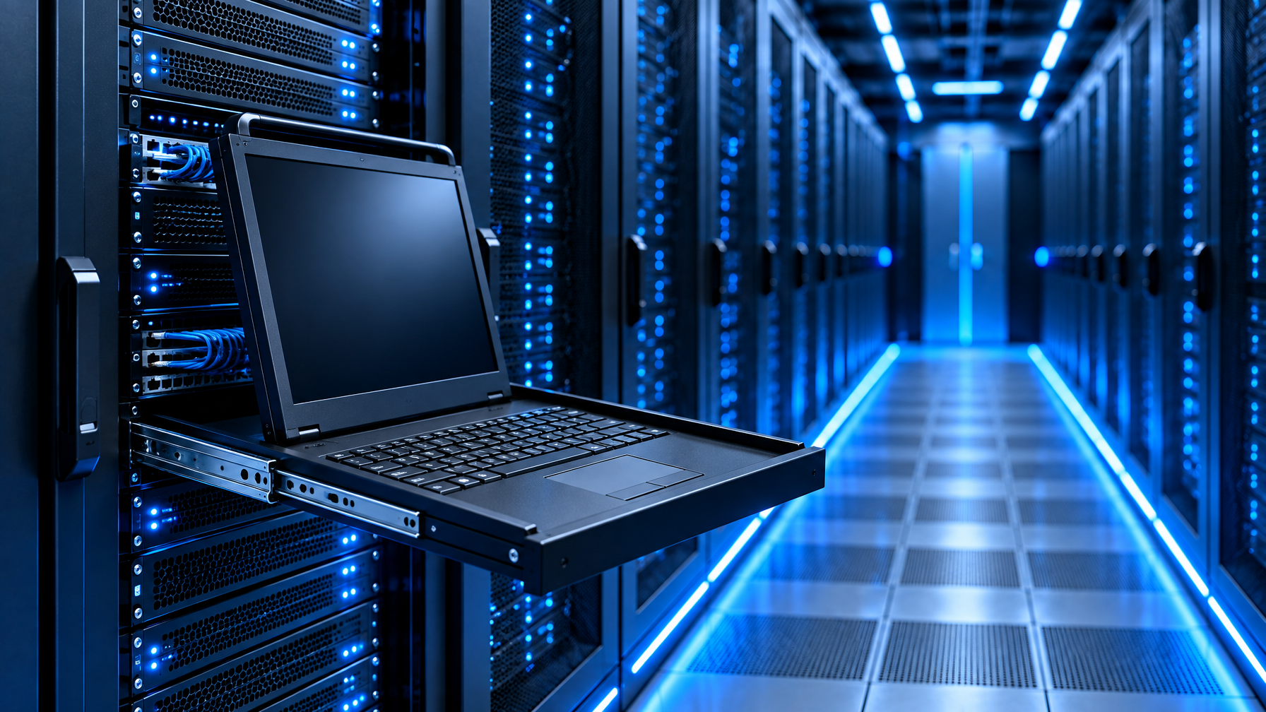 1U LCD keyboard drawer extended from a shallow network cabinet in a cool-blue data center aisle