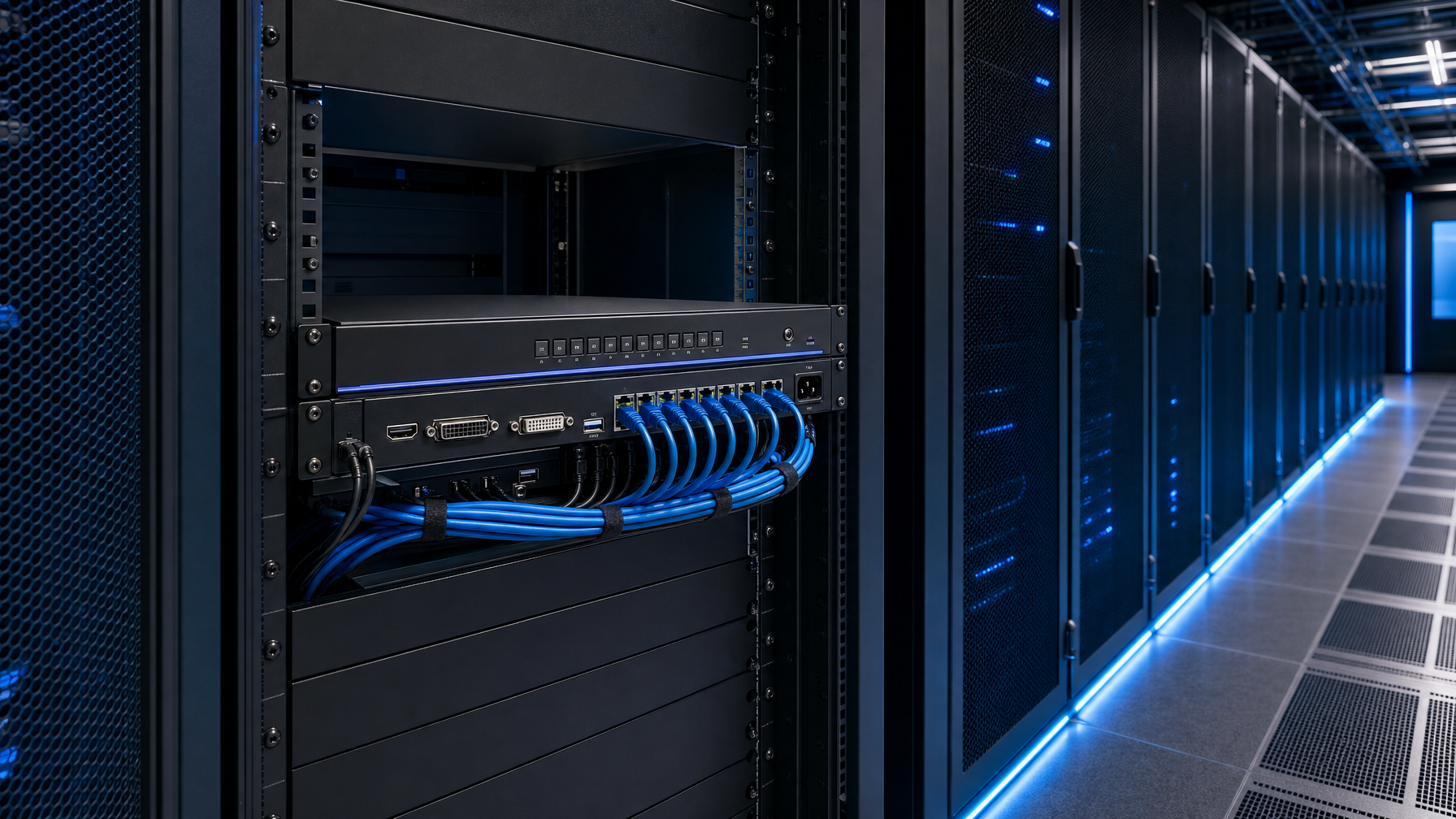 1U rackmount KVM chassis in a cool-blue data-center rack aisle with dressed copper cables