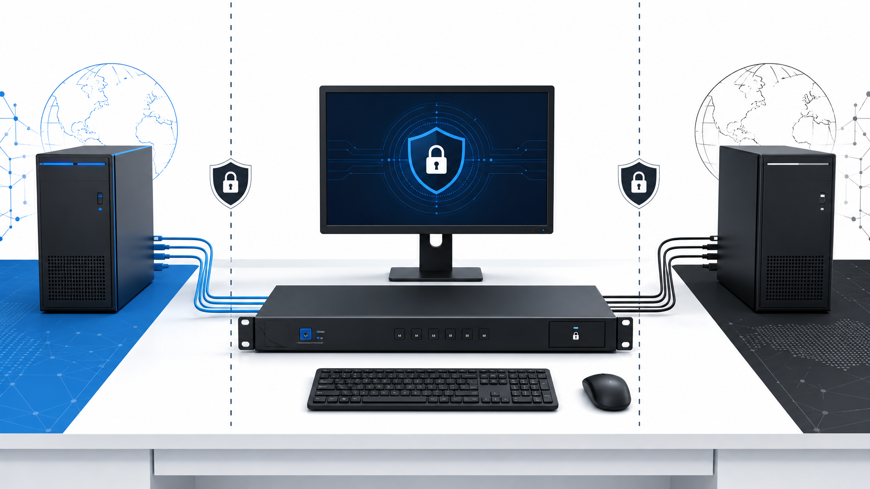 A secure KVM switch connecting one keyboard, monitor, and mouse to two physically separated network workstations, one unclassified and one classified