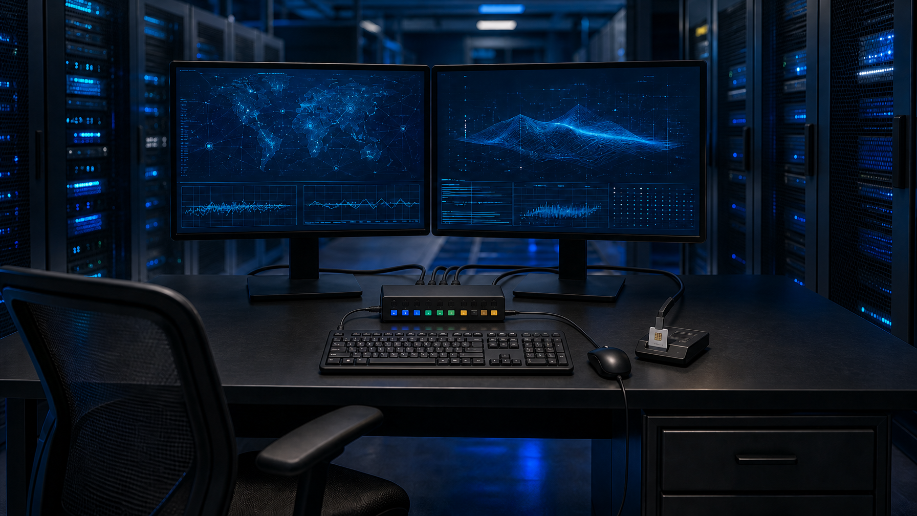 Dual-head operator desk with a black secure KVM, two monitors, wired keyboard, and CAC reader under cool blue lighting