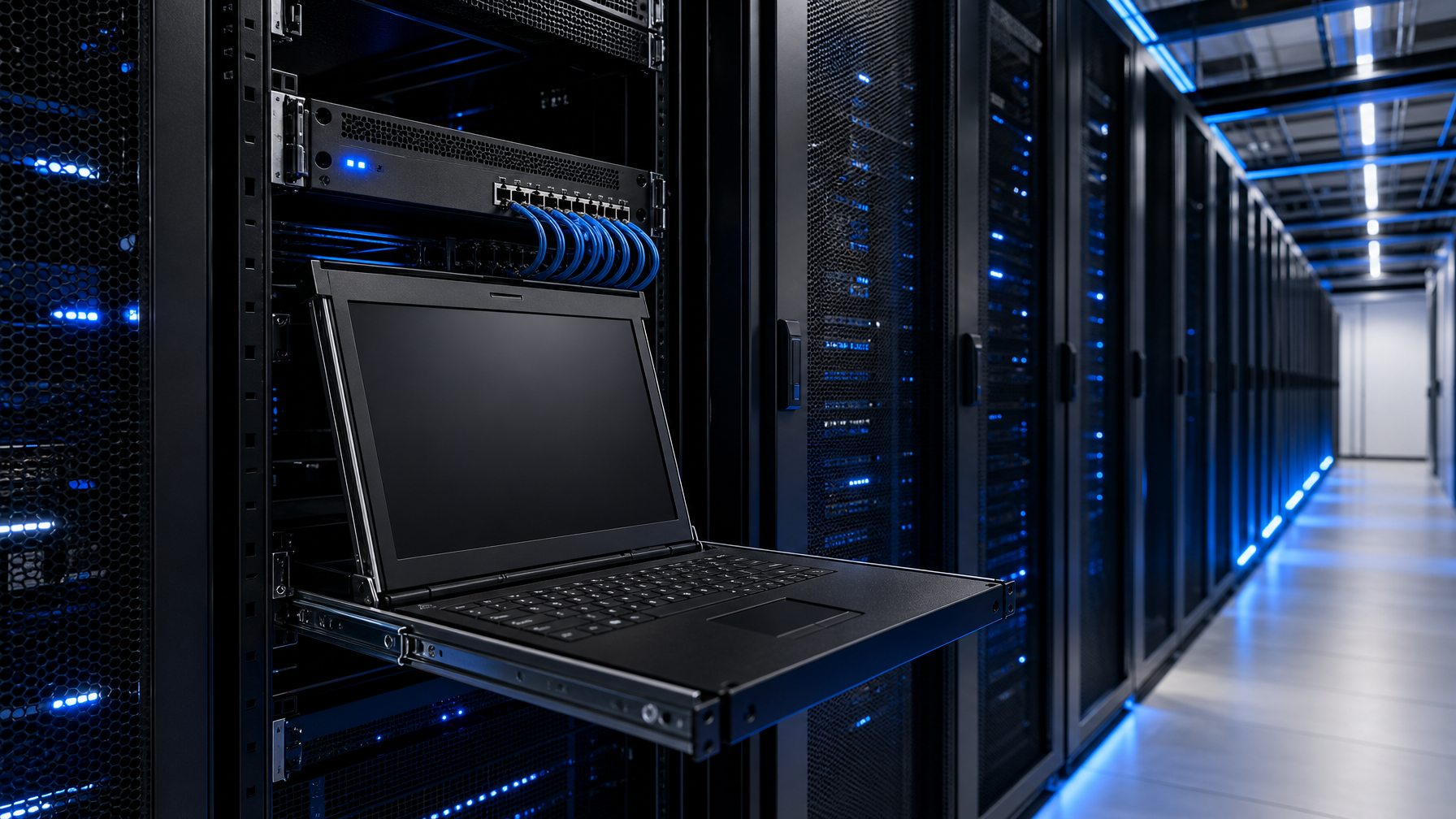 Enterprise server room with rackmount KVM switches and an LCD console drawer, lit in blue accent lighting