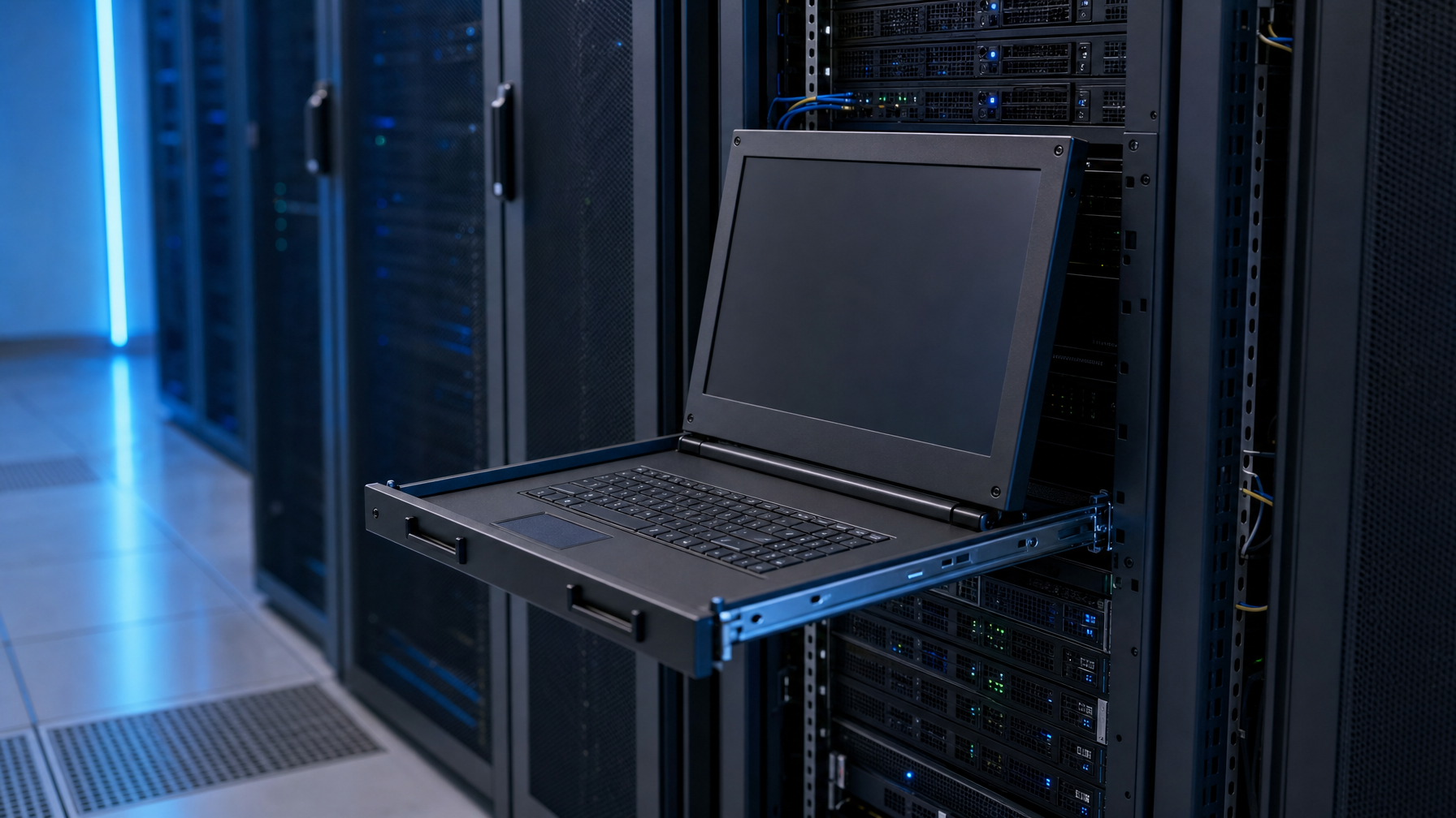 1U LCD KVM drawer extended from a 19-inch server rack under cool blue lighting