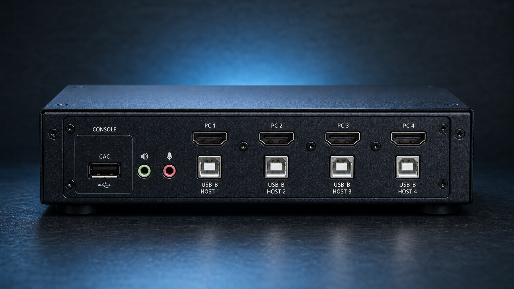 Rear panel of a black secure KVM showing HDMI host ports, USB-B ports, a dedicated CAC USB-A jack, and analog audio jacks