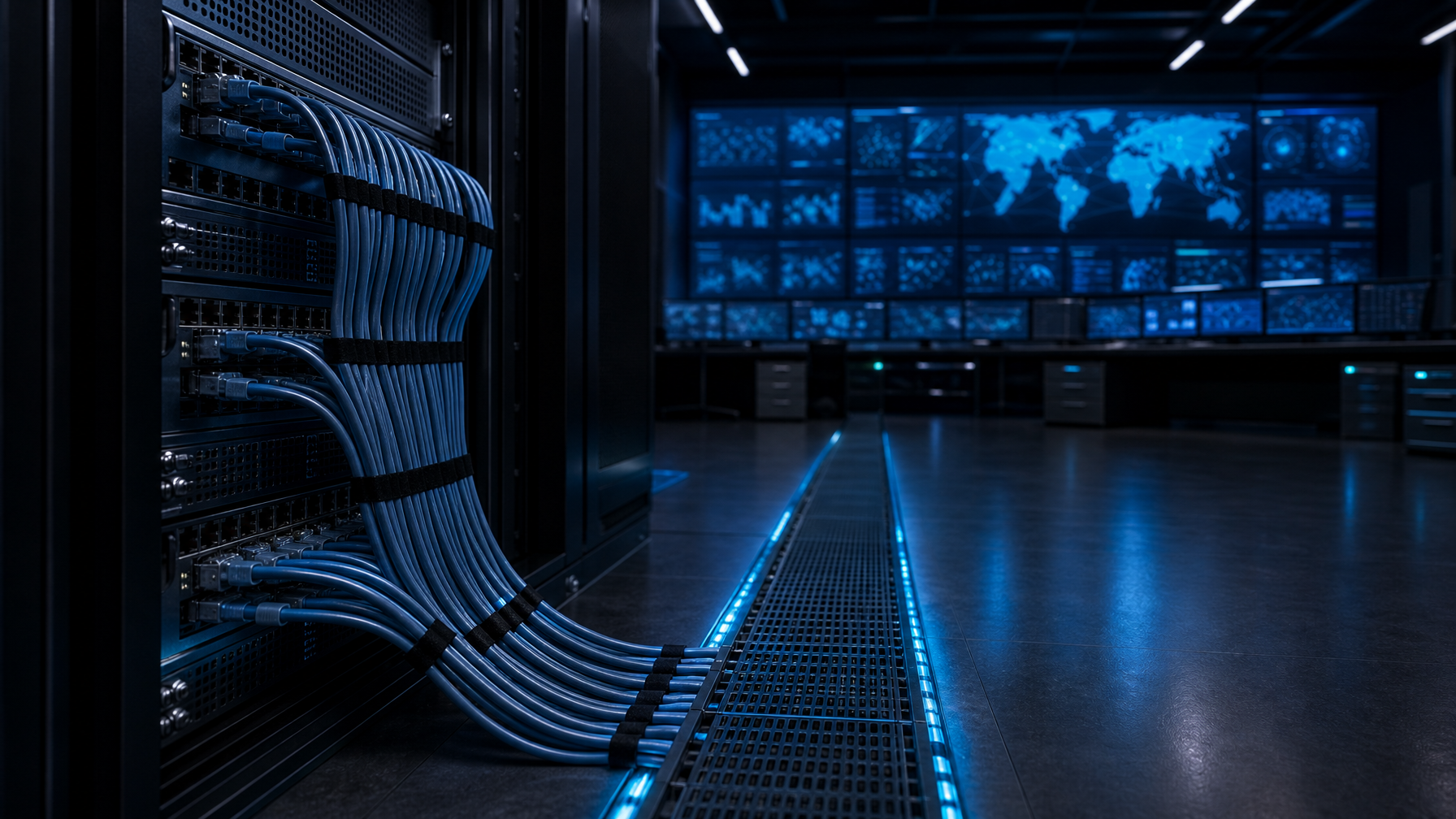 Shielded Cat6a cable runs from a control-room rack toward a distant video wall