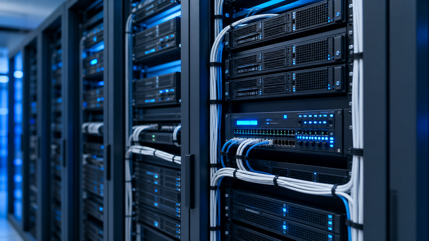 Server rack row with 1U rackmount KVM switches and servers, lit in blue and navy data center lighting