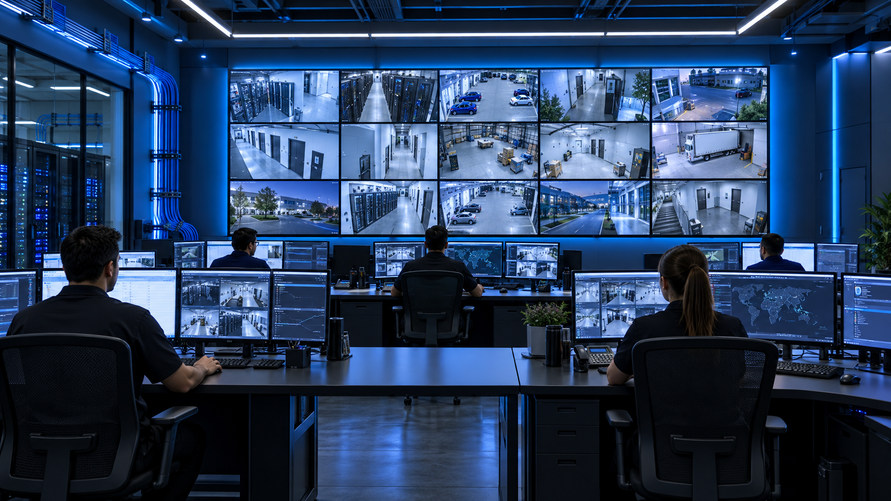 SOC control room video wall with independent camera feeds and operator consoles