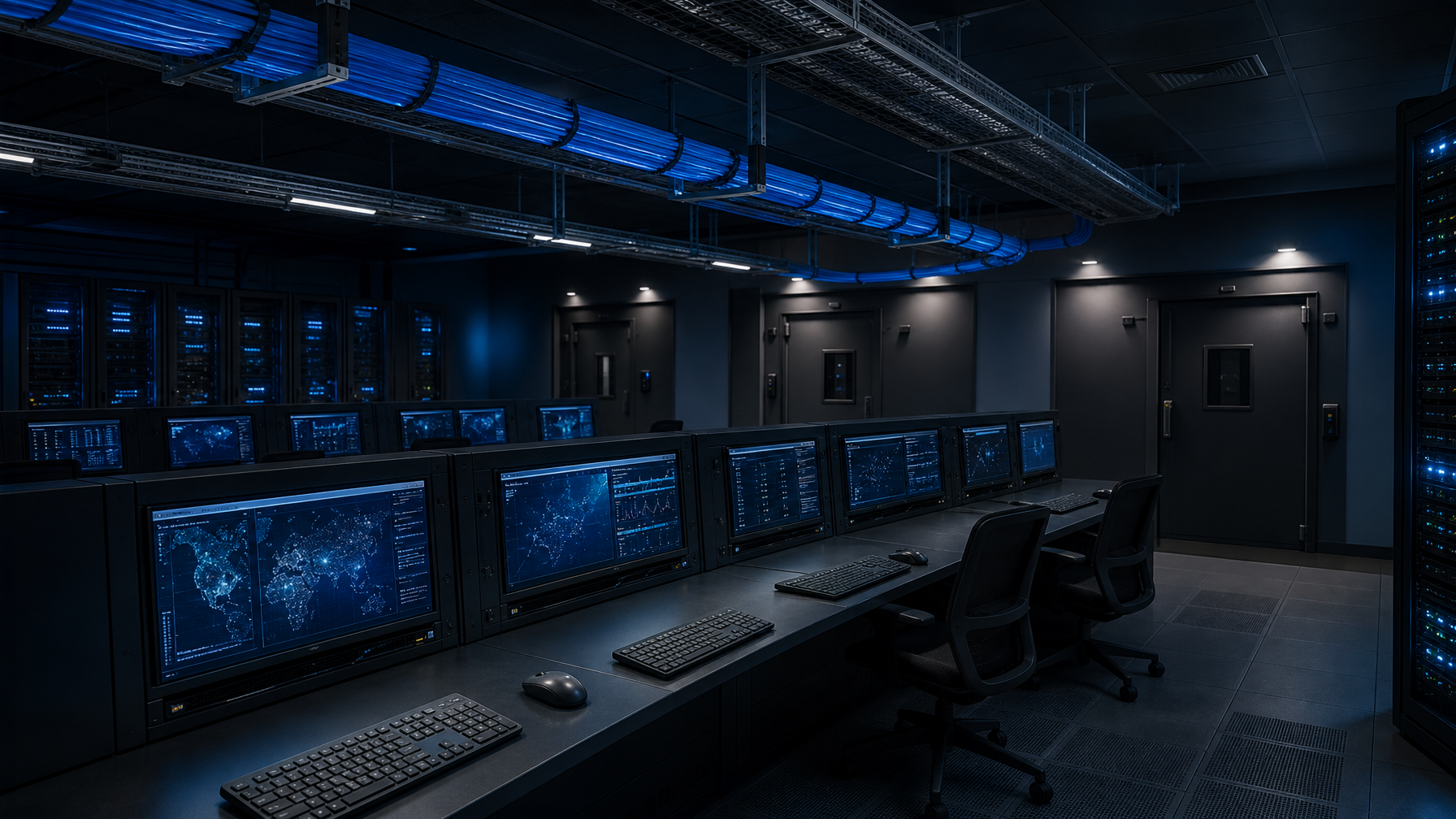 Government secure facility control room with multiple operator workstations and fiber optic cables along overhead cable trays under blue accent lighting