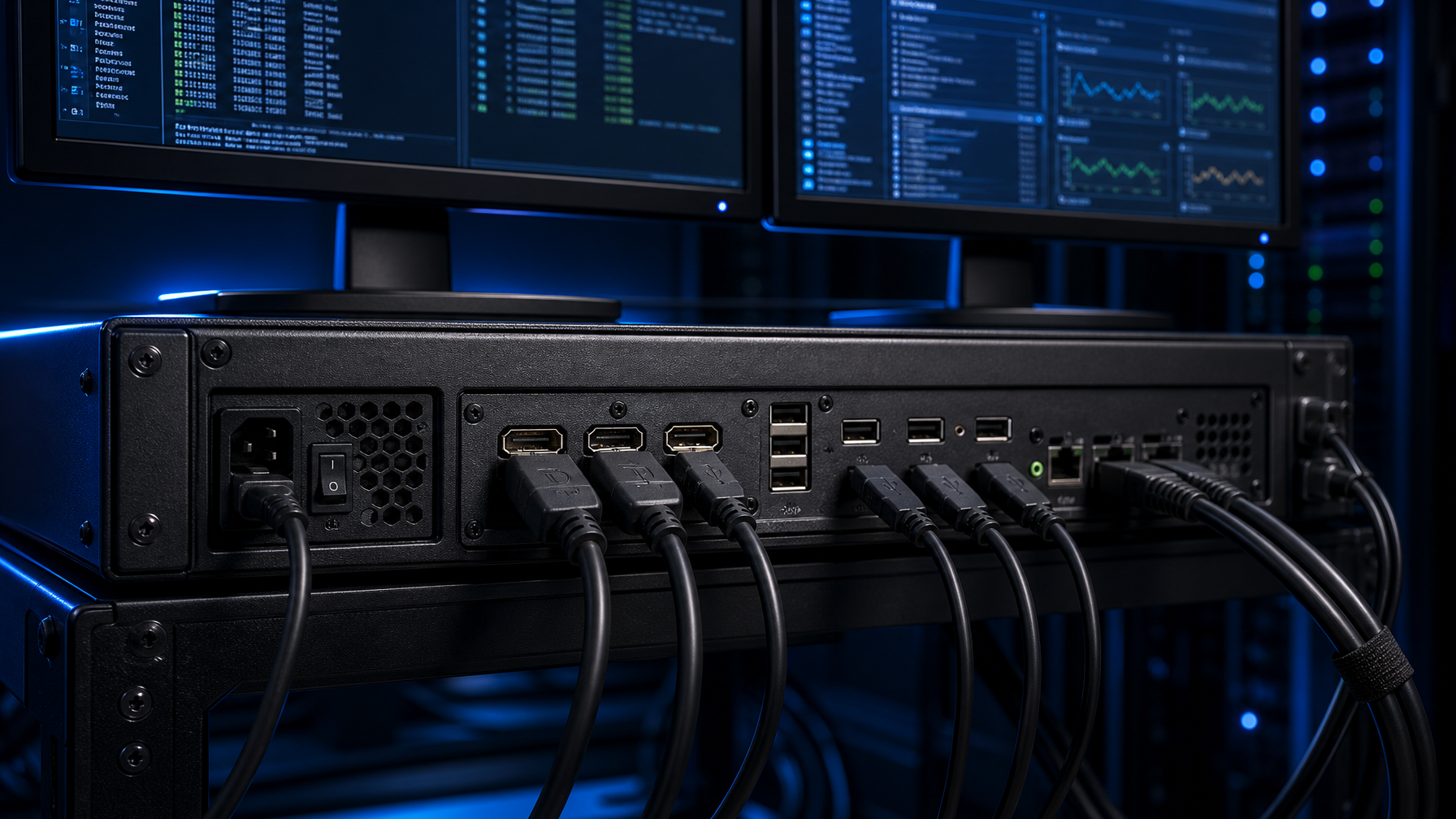 Rear of a rackmount KVM with DisplayPort, HDMI, and USB cables feeding dual monitors in a dark rack