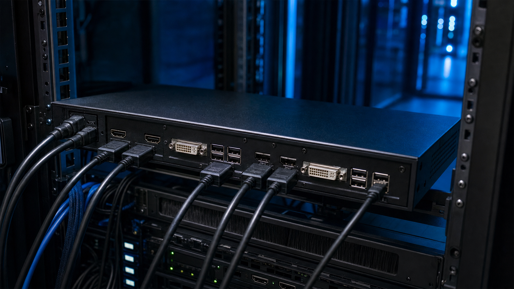 Rear of a 1U KVM with mixed HDMI, DVI-D, and USB HID cables in a dark rack