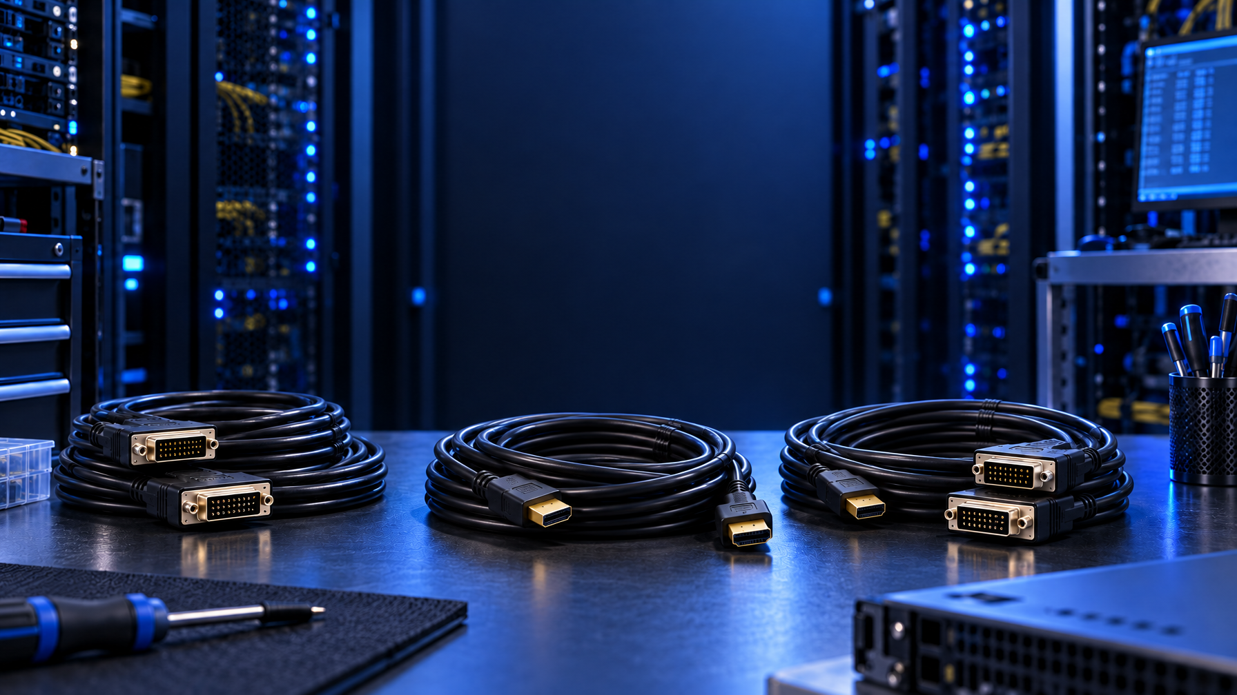 DVI and HDMI KVM cables coiled on a dark IT workbench