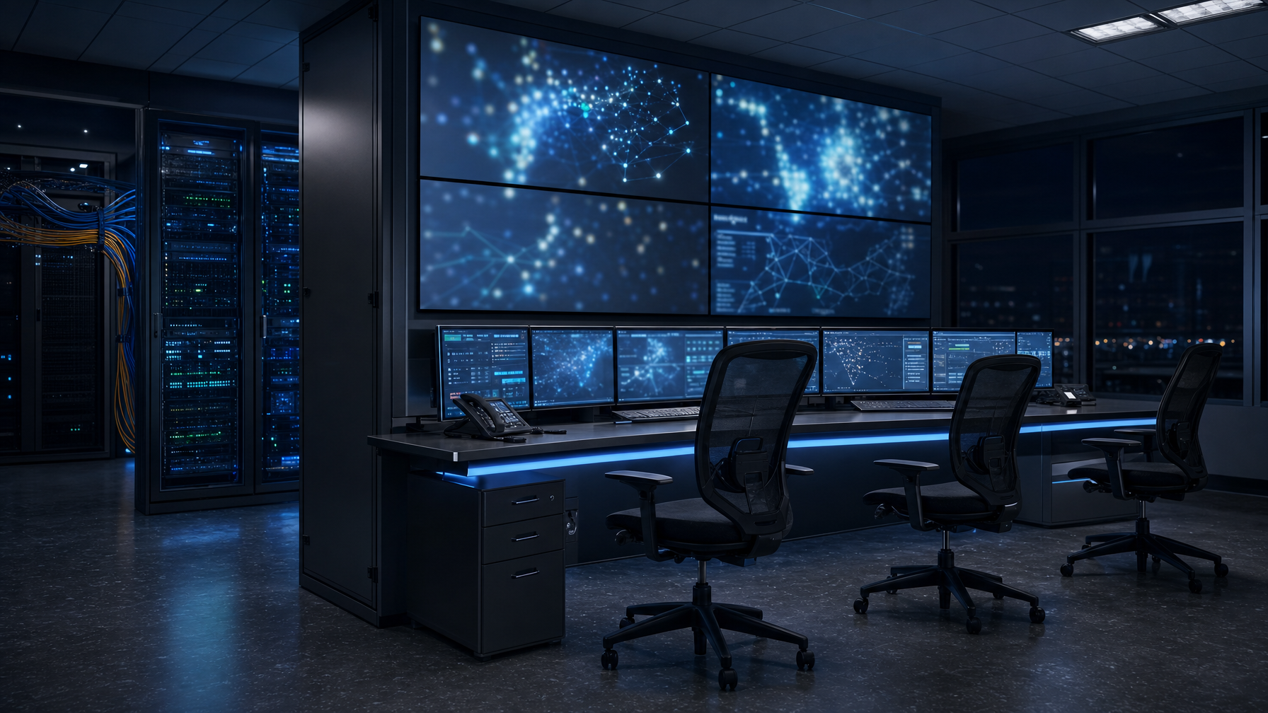 Control room video wall with rack sources and mixed Cat6 and fiber bundles