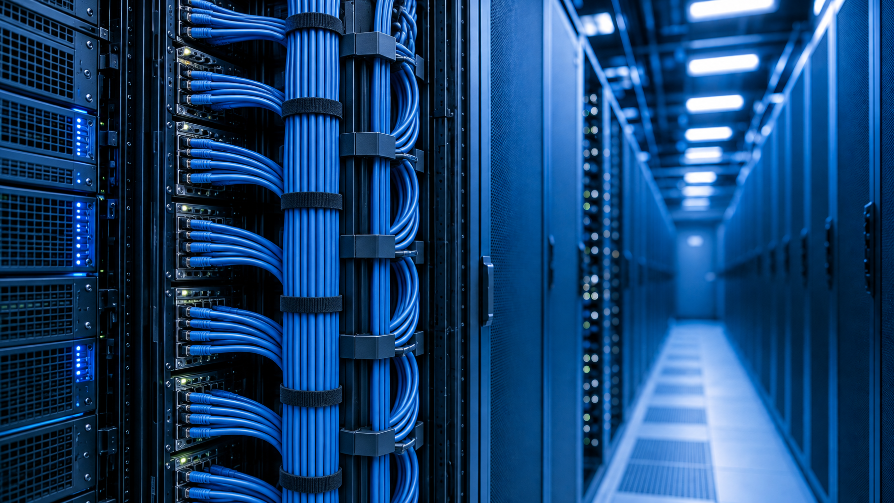 Cool-blue rack rear with Cat6 patch cords in a vertical manager