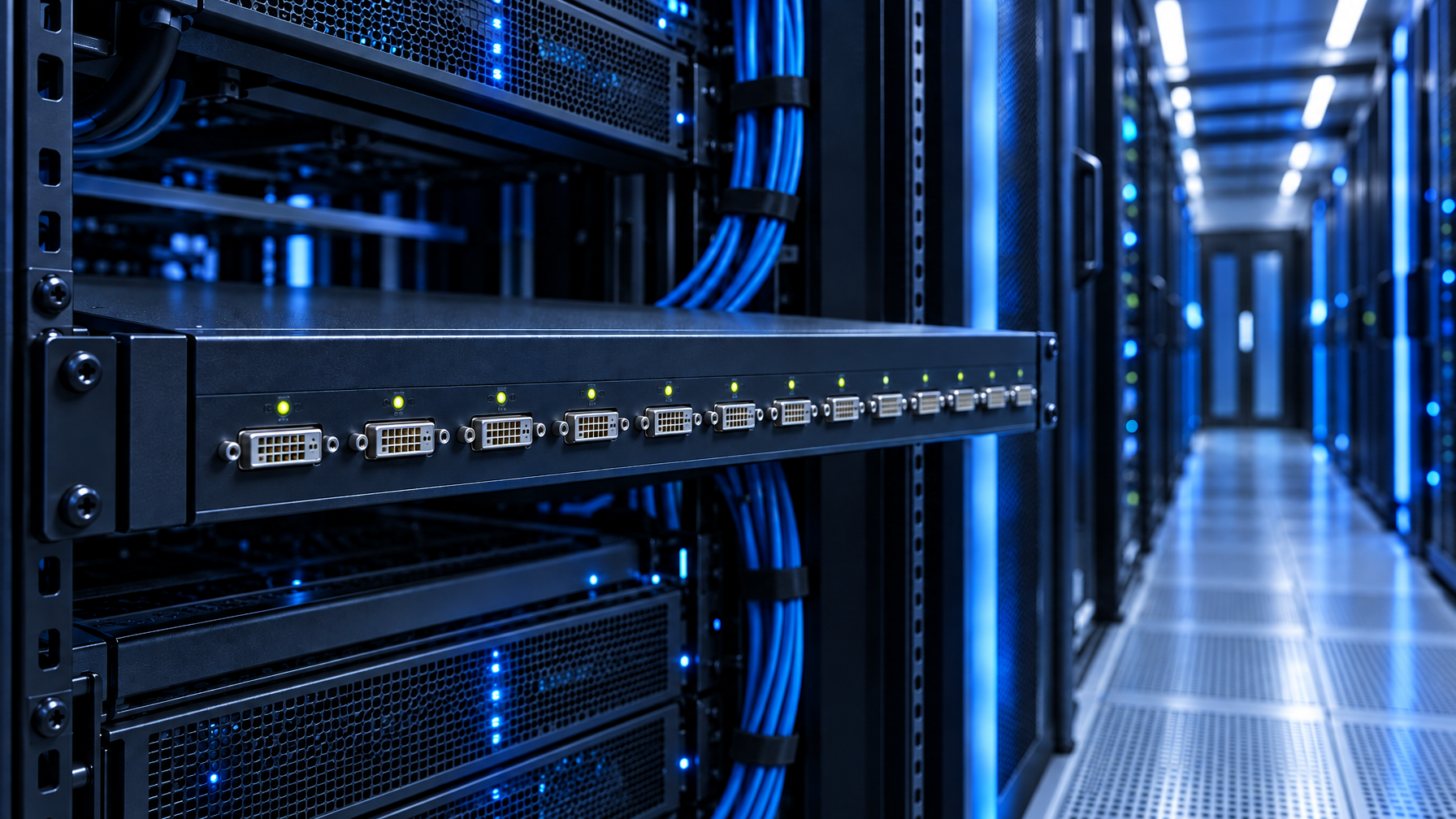 1U DVI KVM switch in a cool blue data center rack aisle
