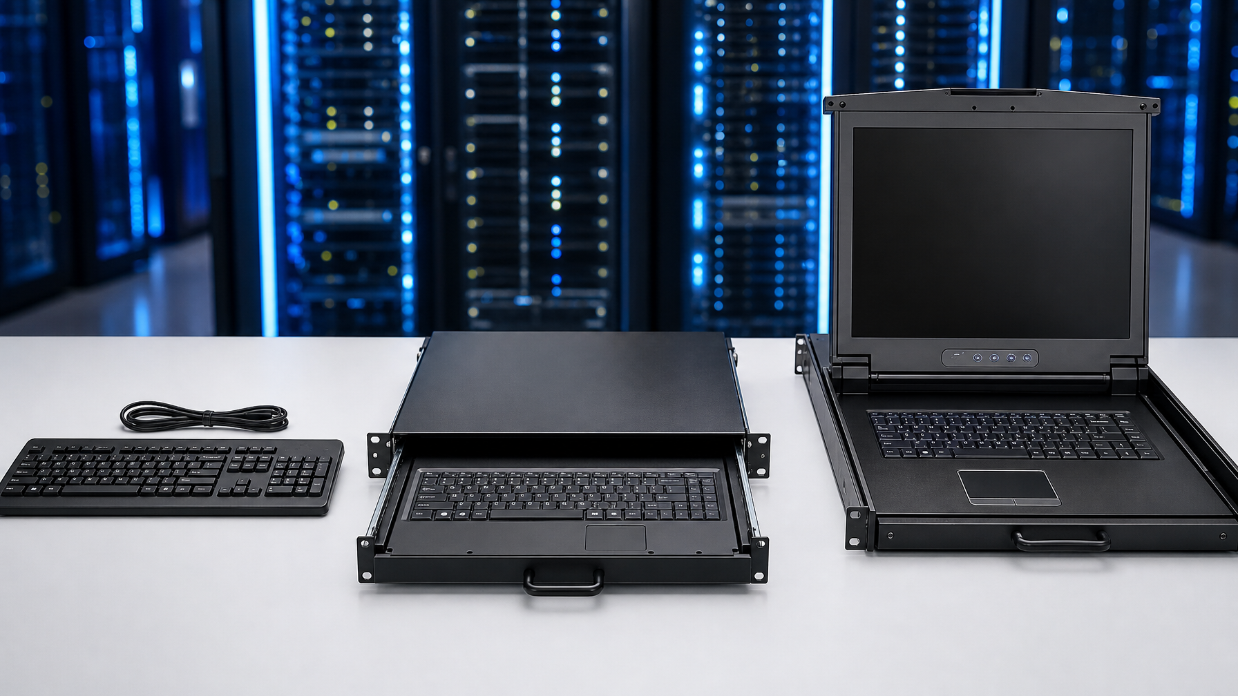 Three server keyboard form factors compared side by side: standalone USB keyboard, 1U rackmount keyboard drawer, and KVM-integrated LCD console drawer