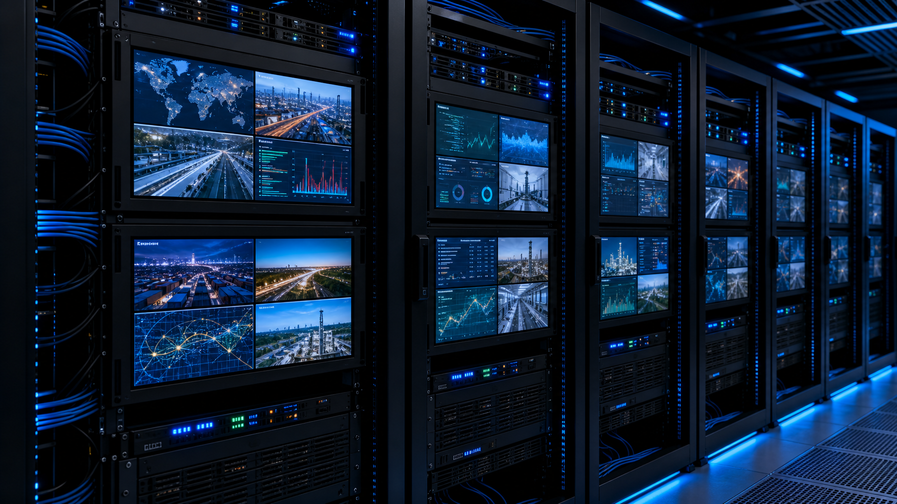 Rackmount LCD displays in a control room server rack showing quad-screen views with multiple video feeds in blue-lit data center environment