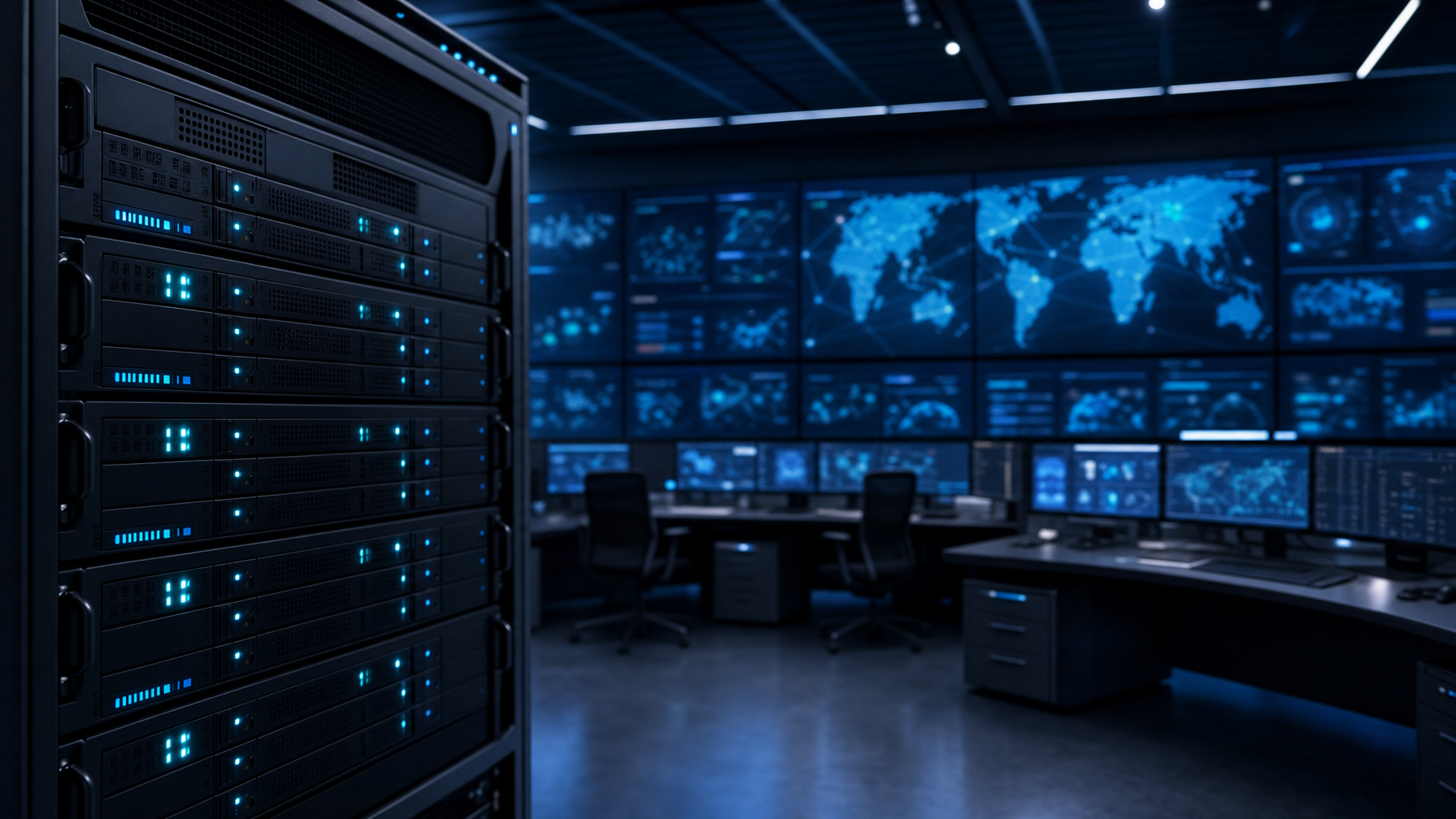 SOC control room video wall and 19-inch rack with 1U routing chassis under cool blue lighting
