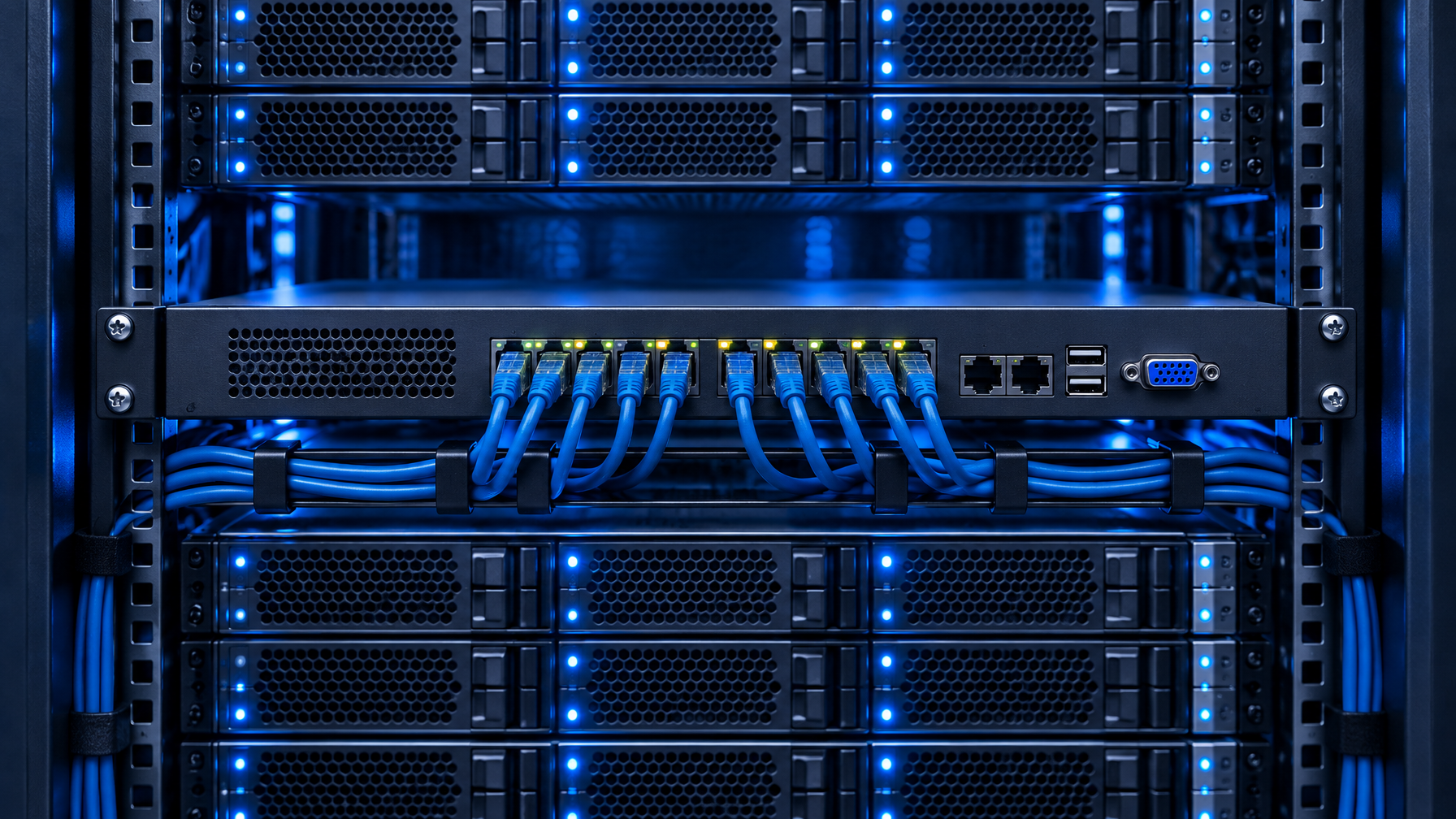 1U rackmount IP KVM chassis with Cat5 cables in a server rack
