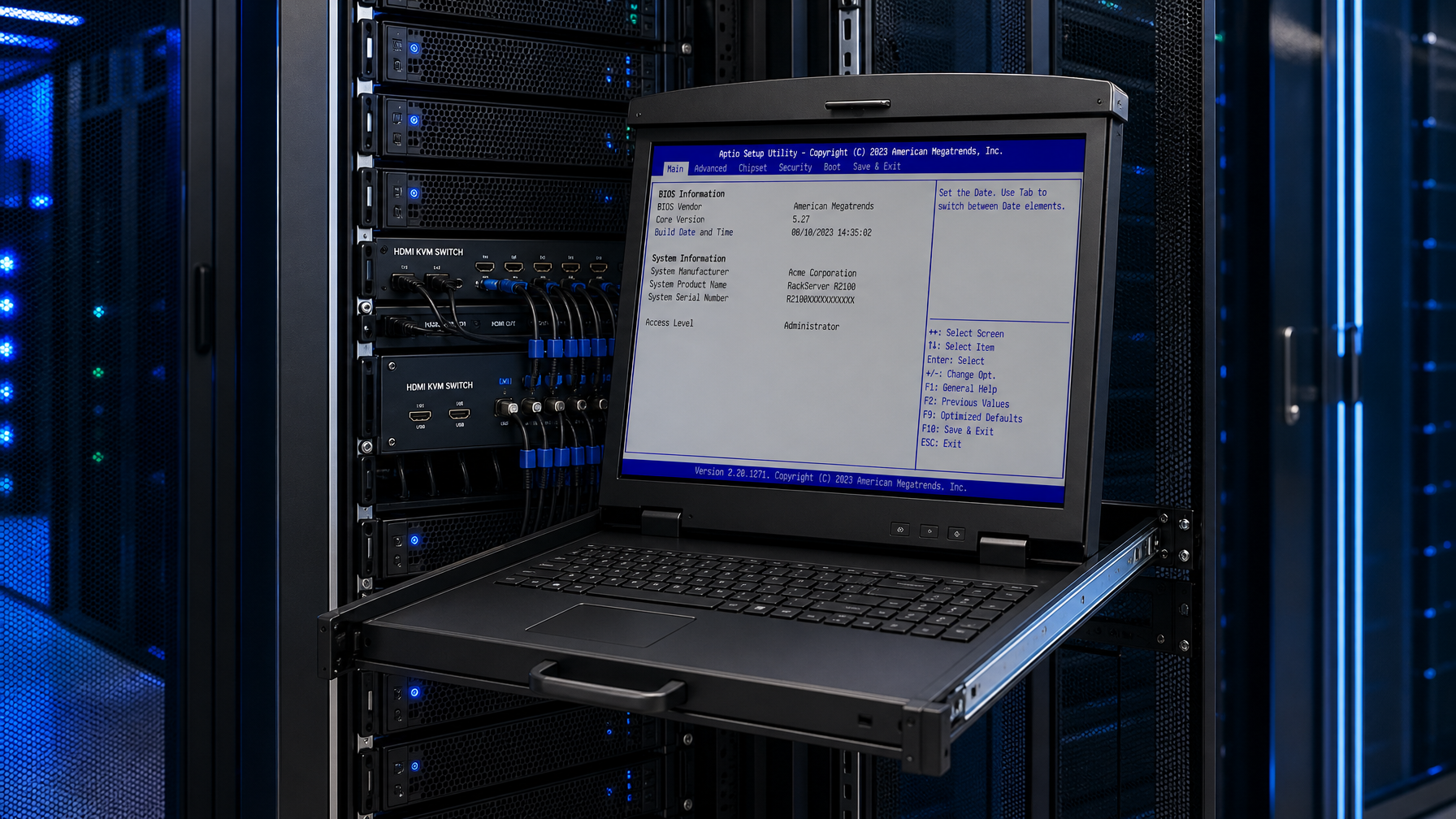Rackmount servers in a data center rack with HDMI KVM switch cabling and a pulled-out rackmount console drawer