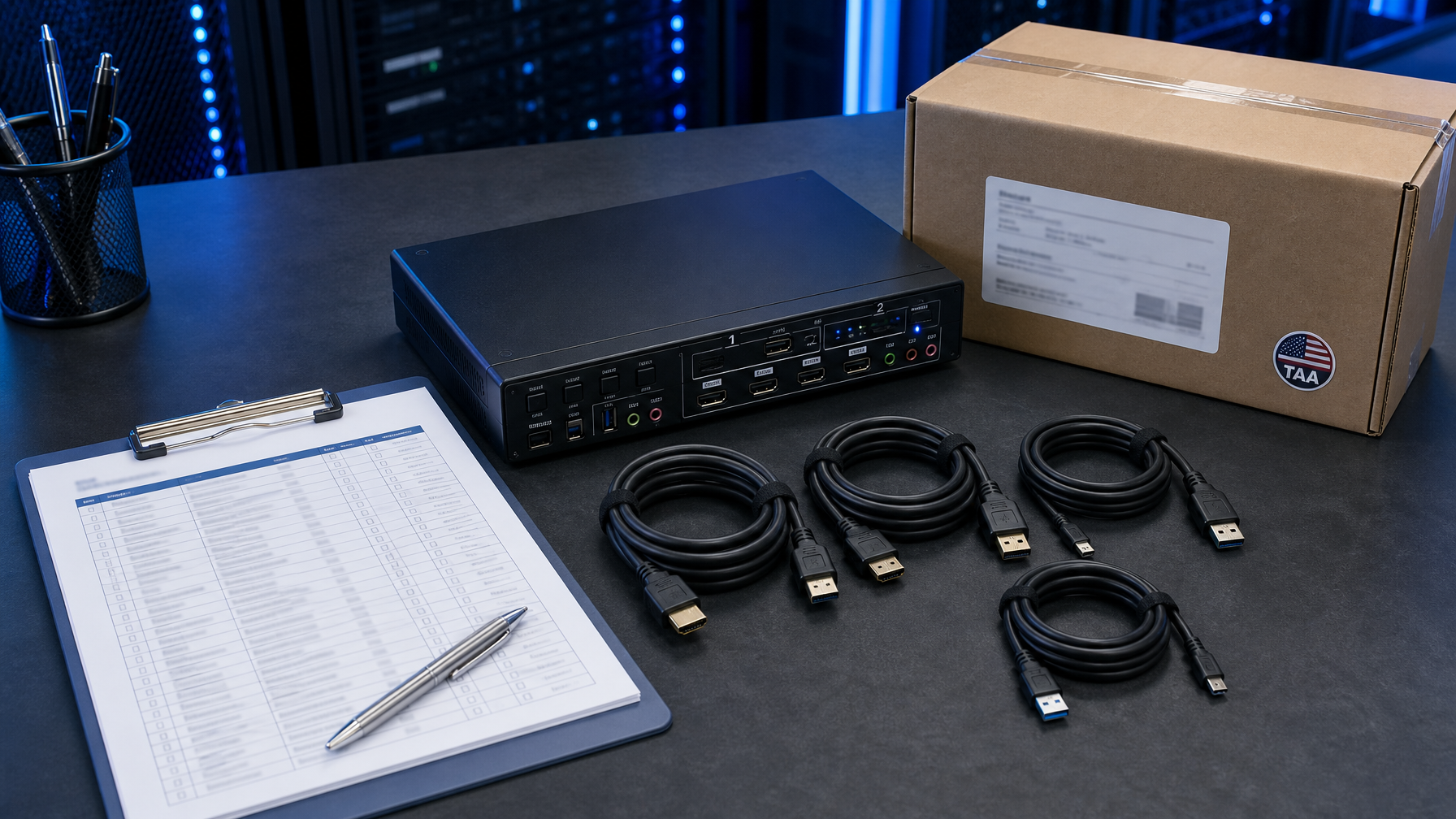 Overhead of a dual-head secure KVM, coiled HDMI and DisplayPort cables, and a TAA carton on a slate desk