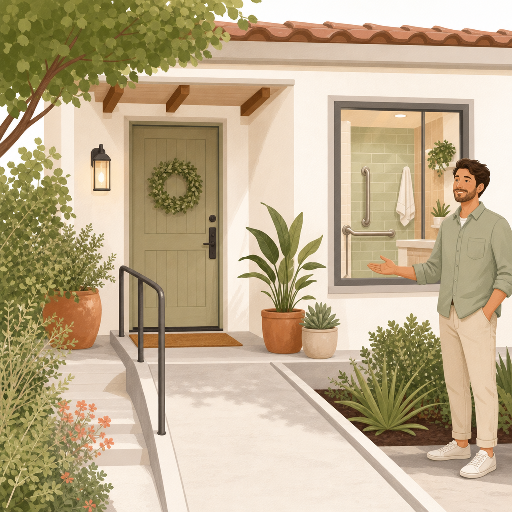 Accessible vacation rental entrance with welcoming host