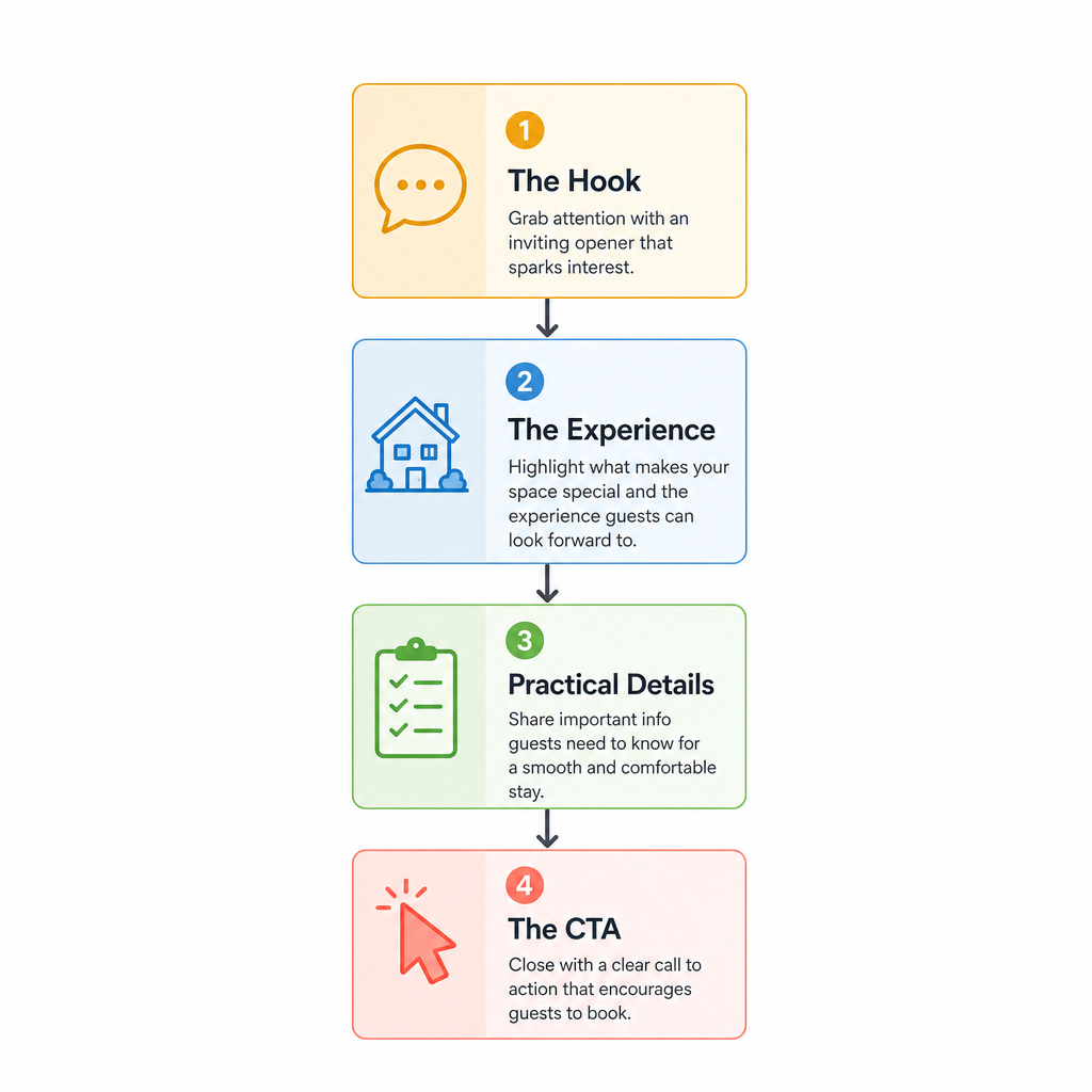 A flow diagram showing the 4-part vacation rental description structure: The Hook, The Experience, Practical Details, and The CTA