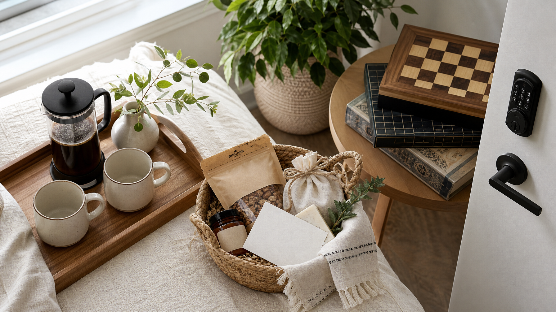 Vacation rental listing detail shots: coffee setup, welcome basket, board games, and smart lock keypad that build guest trust