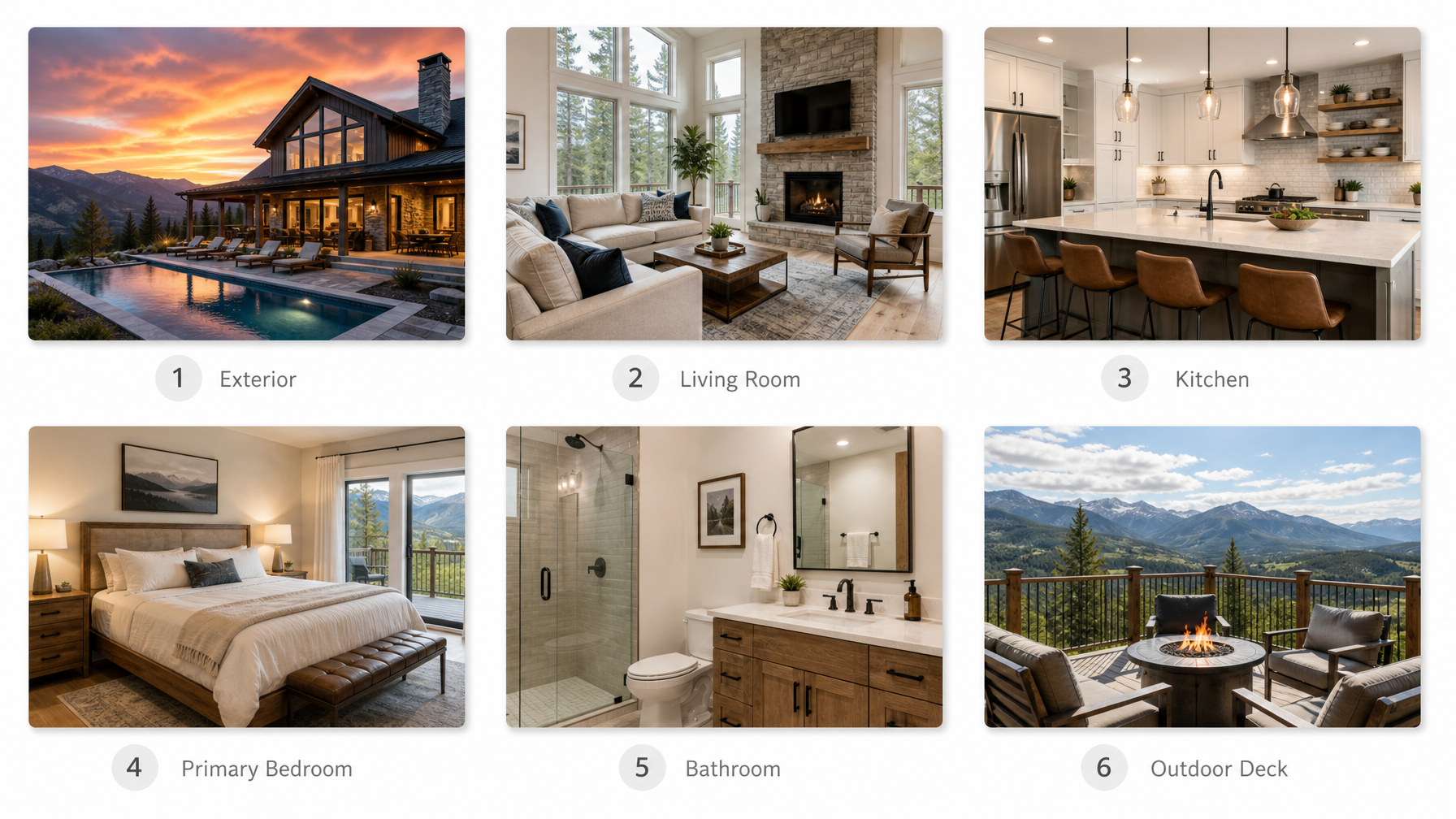 Optimal vacation rental listing photo order: exterior hero shot, living room, kitchen, bedroom, bathroom, outdoor spaces