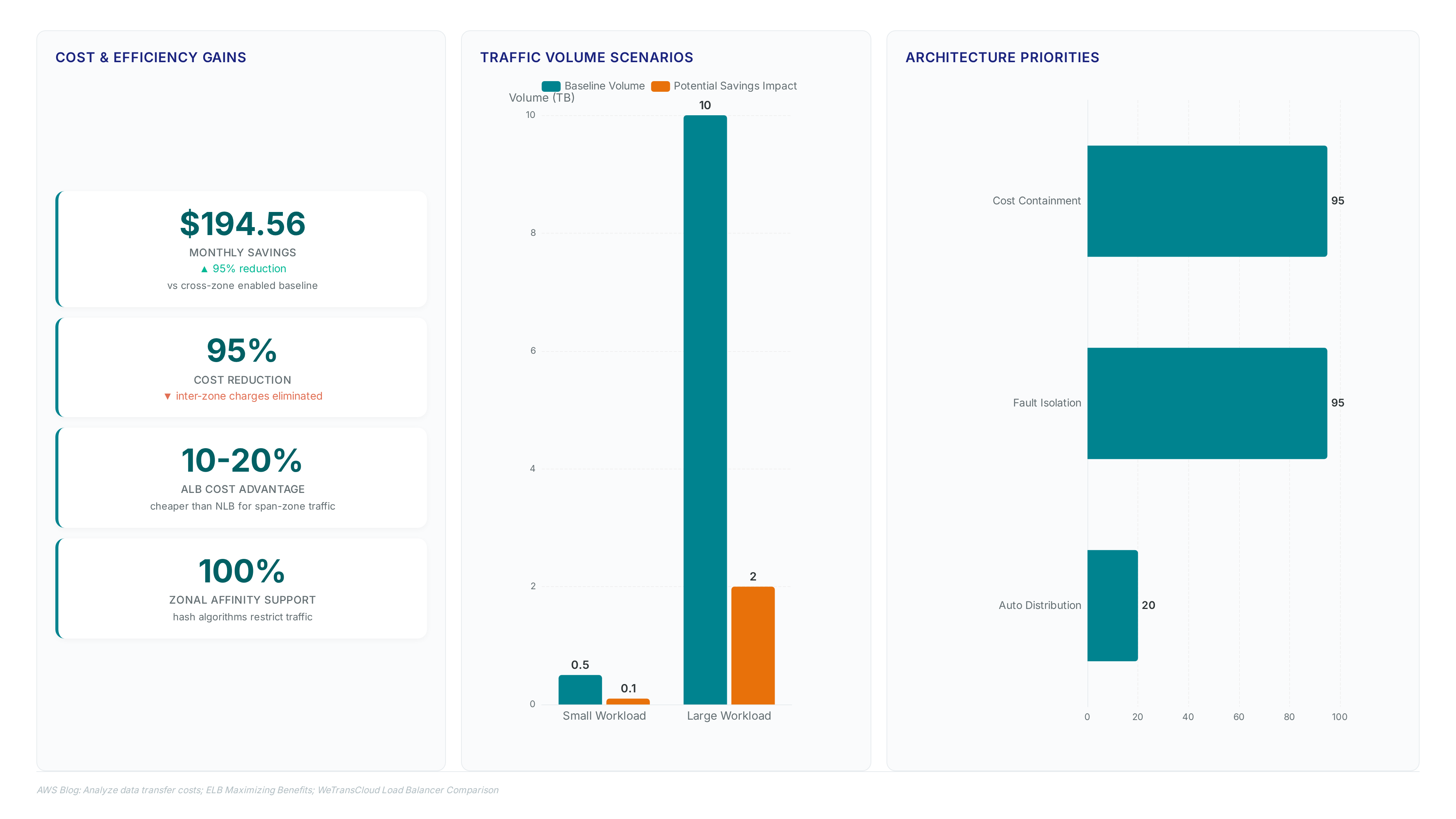 Dashboard showing $194.56 monthly savings (95% reduction), 10-20% ALB cost advantage, and traffic volumes of 0.5 TB and 10 TB for AZ independence migration.