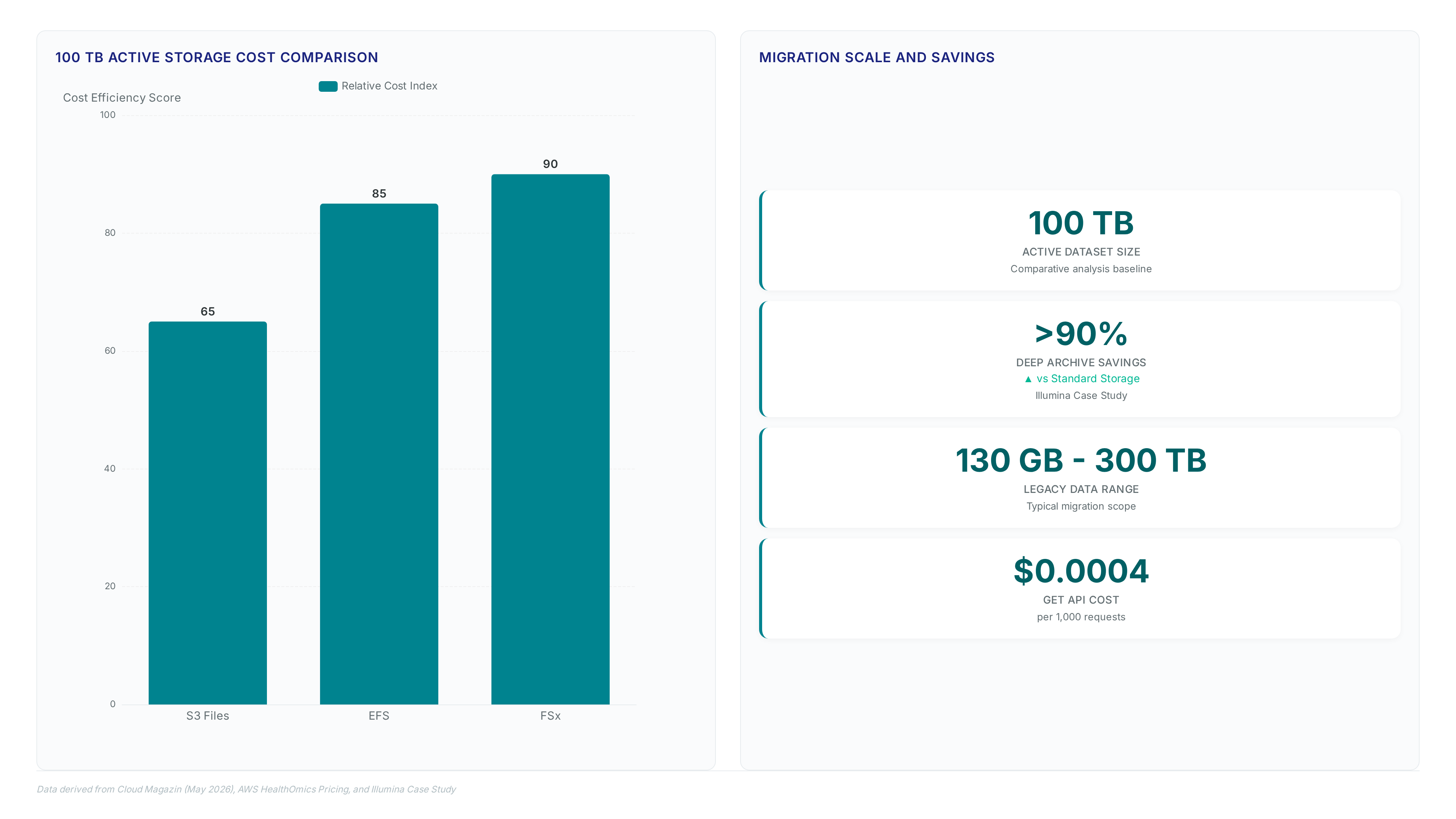Chart comparing S3 Files, EFS, and FSx costs for 100 TB storage alongside key metrics showing over 90% savings with Deep Archive and dataset sizes ranging from 130 GB to 300 TB.