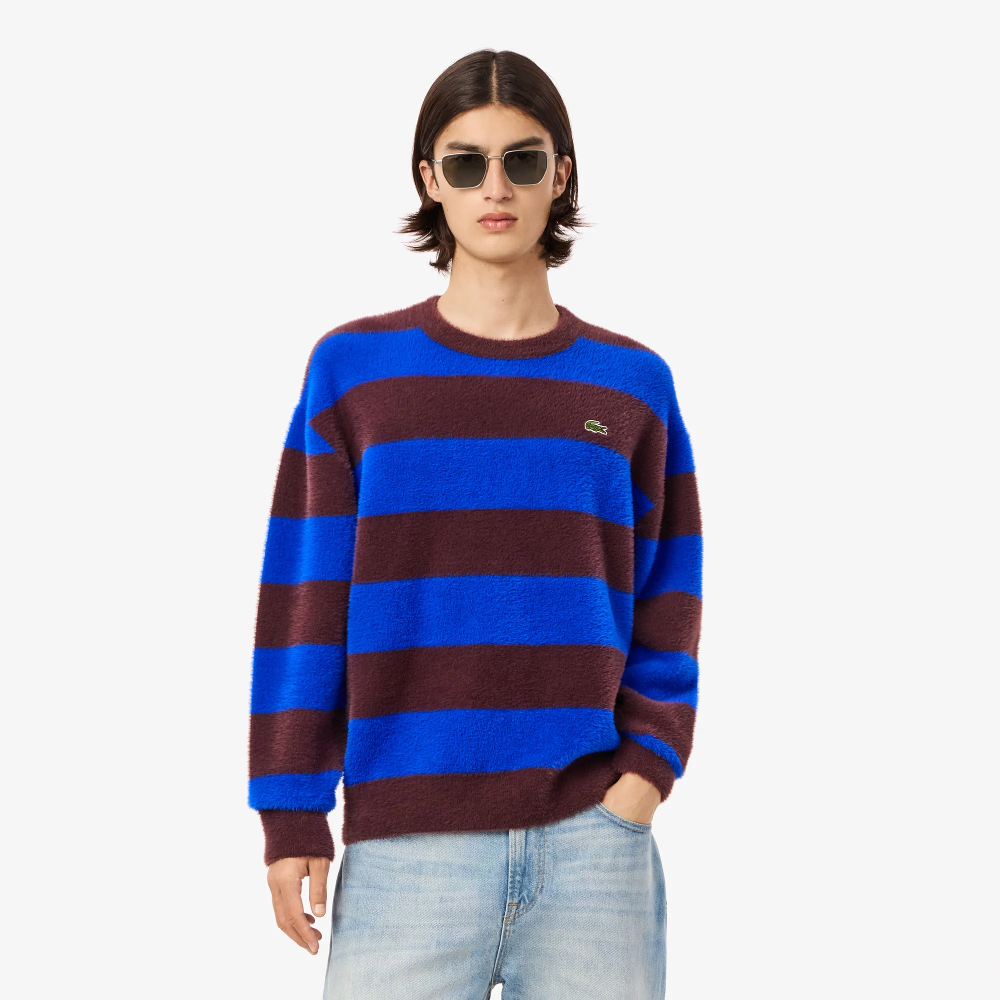 Fuzzy striped sweater deals