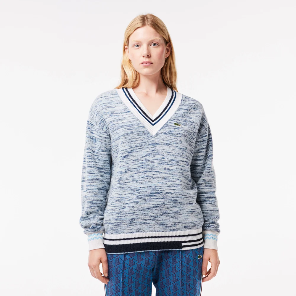 Contrast Stripe V Neck Alpaga Sweater