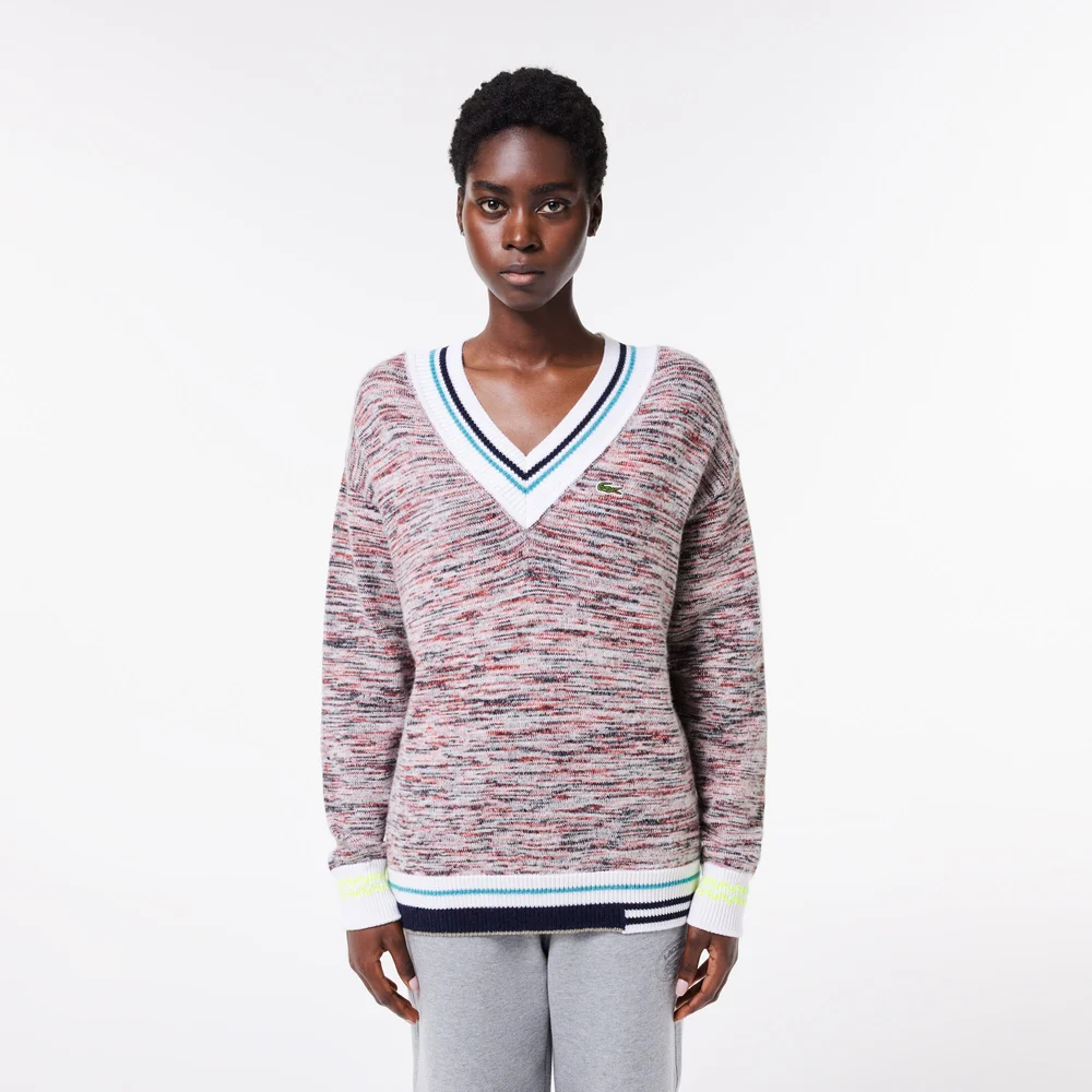 Contrast Stripe V Neck Alpaga Sweater