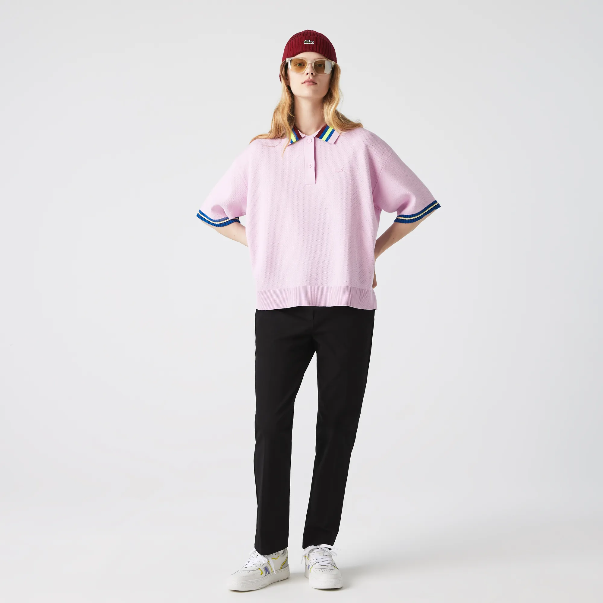 Women’s Lacoste Striped Polo Shirt Sweater - Light Pink  • 16S