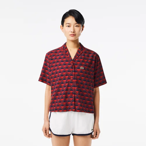 Áo Sơ Mi Lacoste Nữ Oversize Tay Ngắn Họa Tiết In