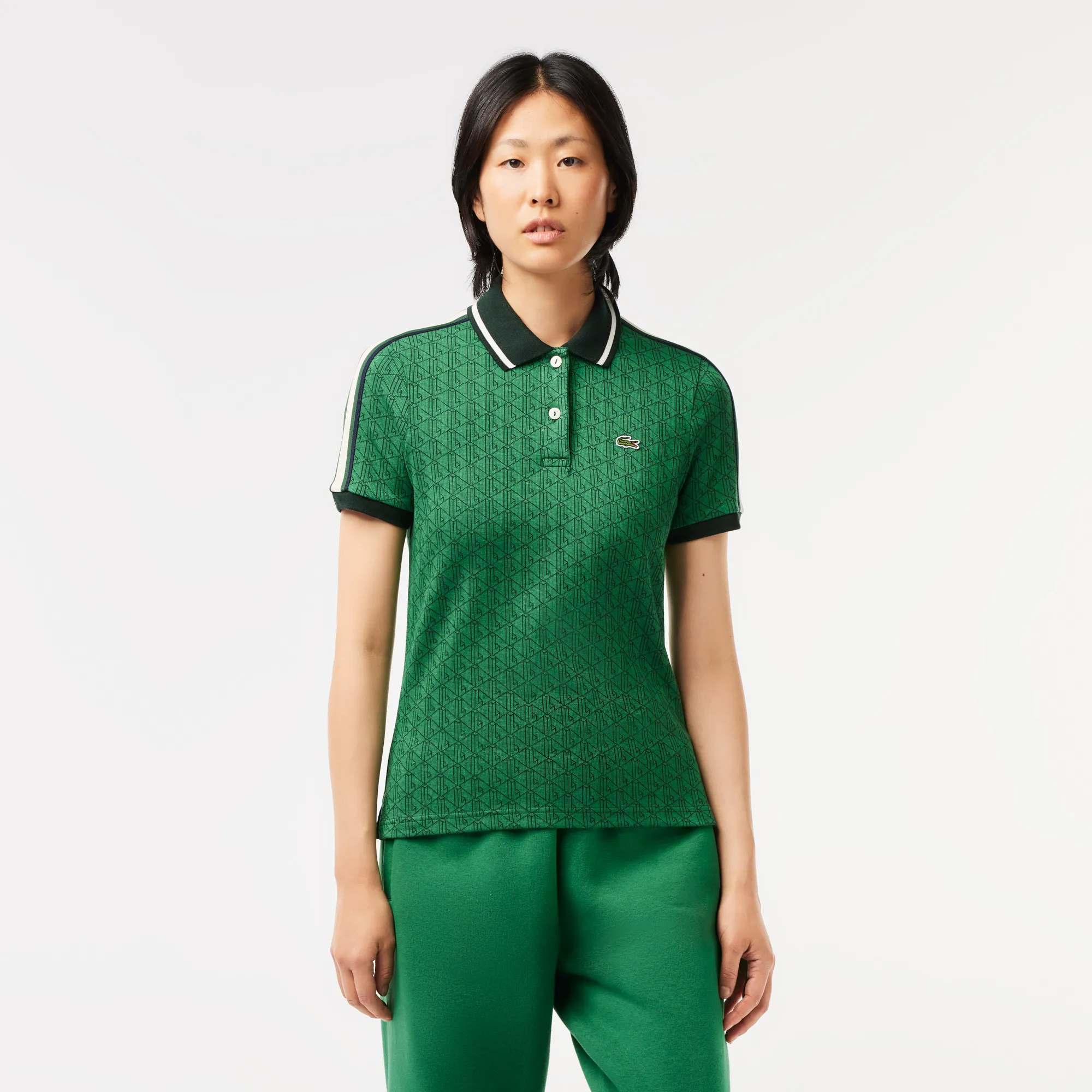 Áo Polo Lacoste Nữ Dáng Ôm Chất Liệu Jacquard Họa Tiết Monogram - Xanh Lá Cây • QIJ