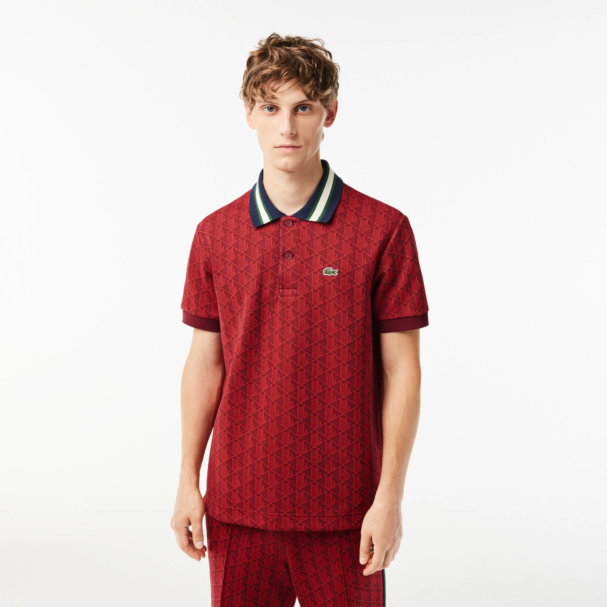 Classic Fit Contrast Collar Monogram Motif Polo Shirt - Bordeaux  • SWM