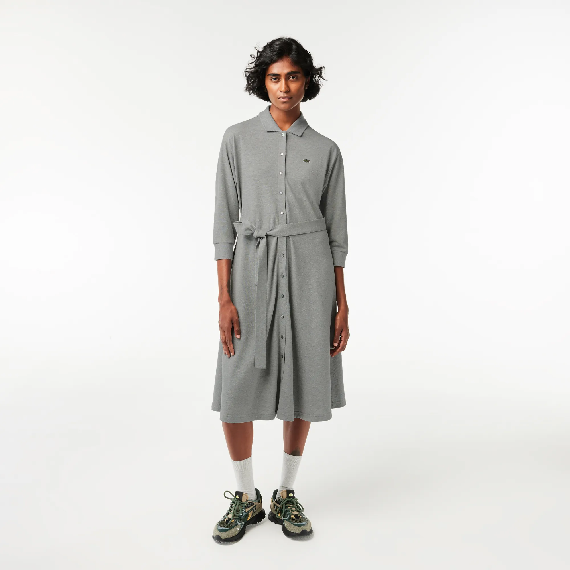 3/4 Sleeve Cotton Piqué Polo Dress - Grey Chine • YRD