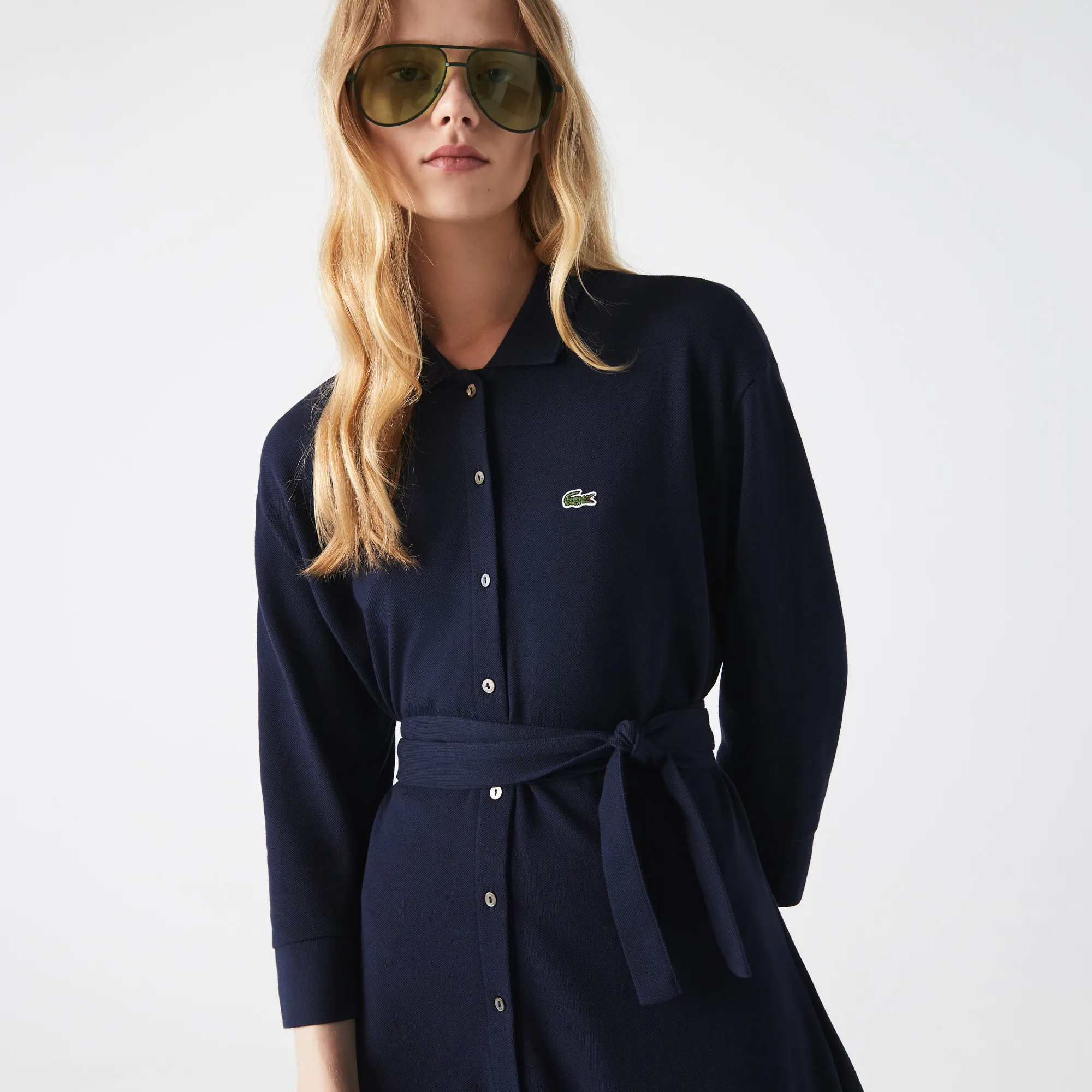 Women's Buttoned Belted Cotton Piqué Polo Dress - Navy Blue • 166