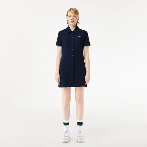 Women’s Lacoste Organic Cotton Buttoned Polo Dress - Navy Blue • 166