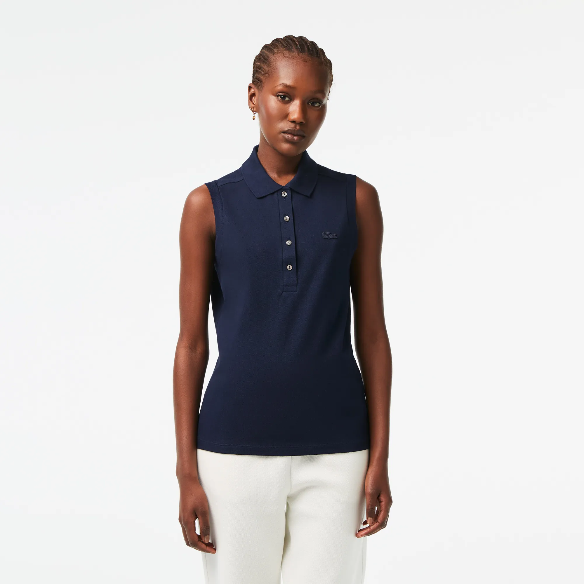 Áo Polo Lacoste Nữ Ôm Dáng Sát Nách Chất Liệu Cotton Piqué - Xanh Navy • 166