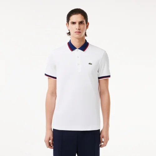 Áo Polo Lacoste Nam Co Giãn Cổ Áo Và Cổ Tay Áo Phối Màu - Trắng • 001