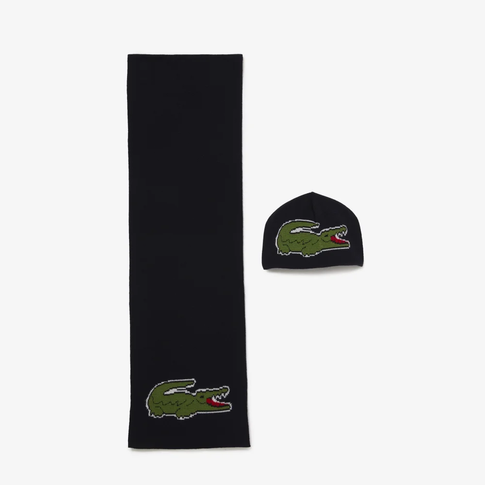 Bộ Mũ Và Khăn Len Lacoste Unisex Logo Cá Sấu Lớn