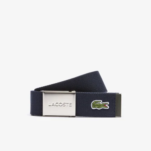 Men’s Made in France Lacoste Engraved Buckle Woven Fabric Belt