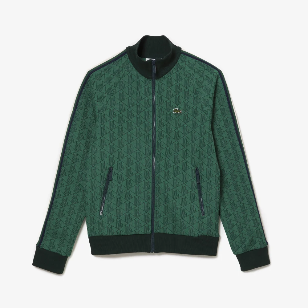 Áo Nỉ Lacoste Nữ Cổ Cao Có Khóa Kéo Chất Liệu Jacquard Họa Tiết Monogram